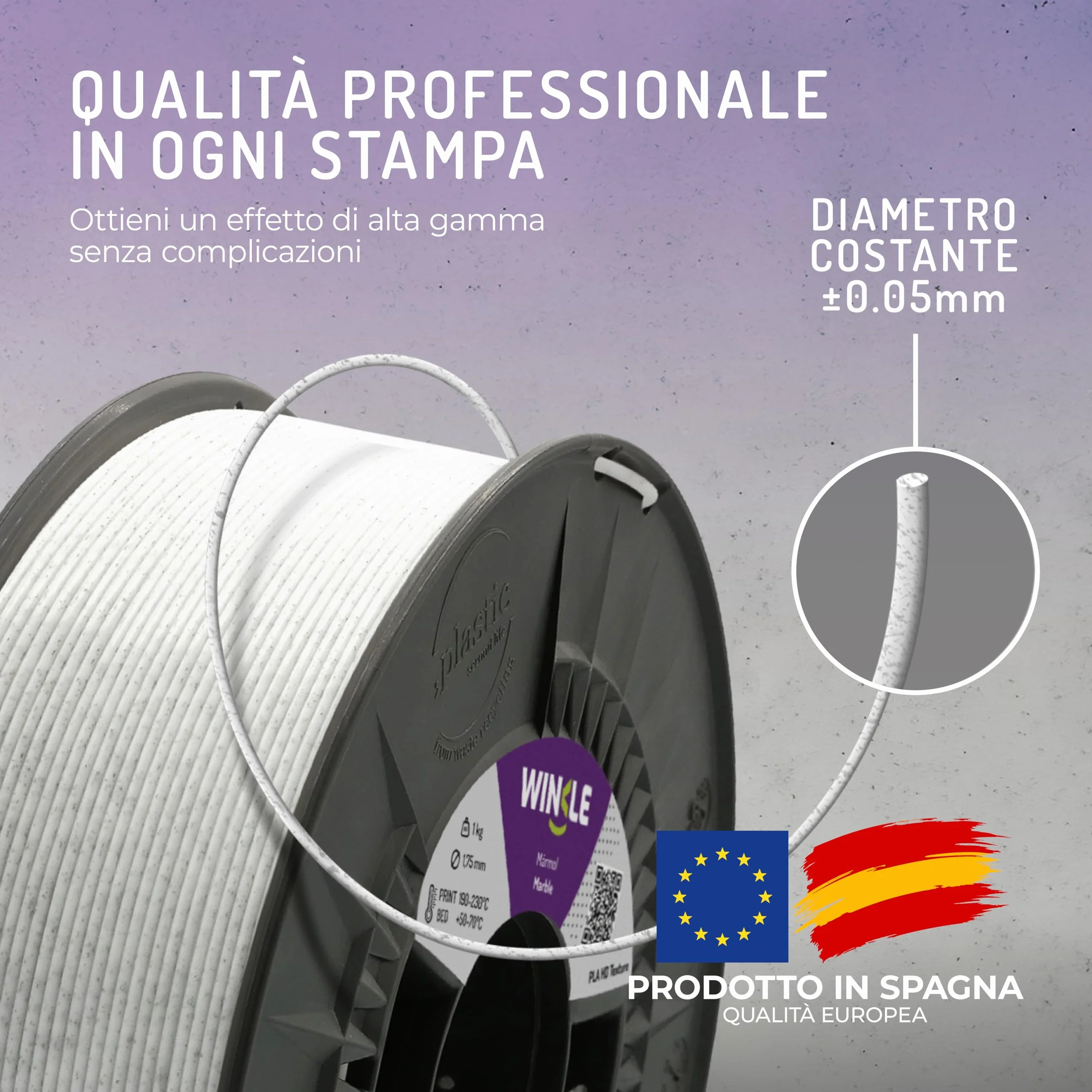 WINKLE Filamento PLA HD Texturizzato 1.75mm Marmo 300g per Stampante 3D FDM Precisione Dimensionale +/- 0.05mm