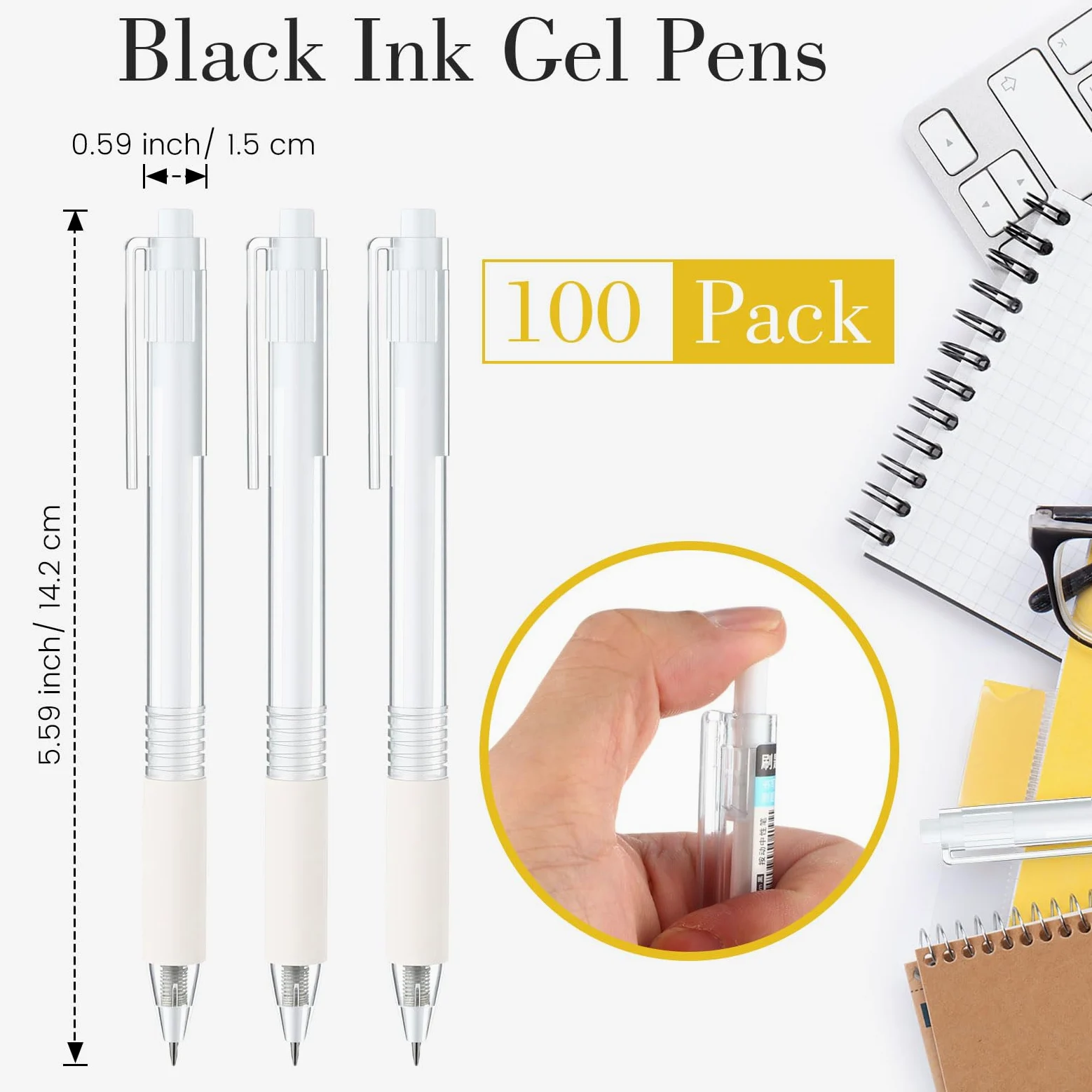Motiskyy 100 penne a sfera con inchiostro gel nero da 0,5 mm, retrattili, a scatto, con punta media, scrittura liscia, impugnatura comoda, per il rientro a scuola, ufficio, classe, lavoro, casa
