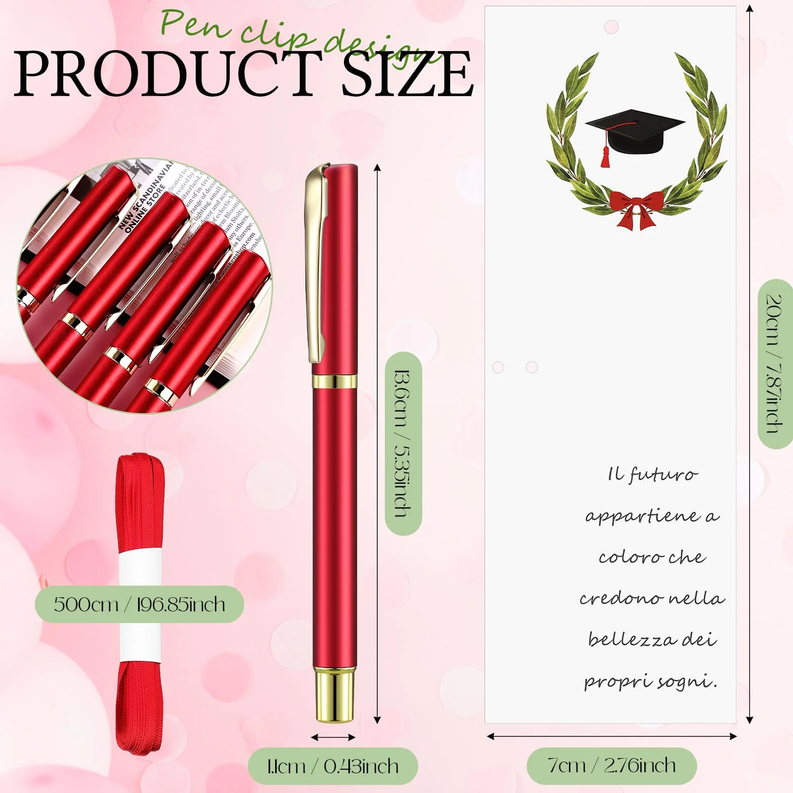 Clabby Set Regalo di Laurea Segnaposto Laurea Segnalibro con Citazione Cappello Penna Gel Rossa e Nastri Rossi(50 Pezzi)