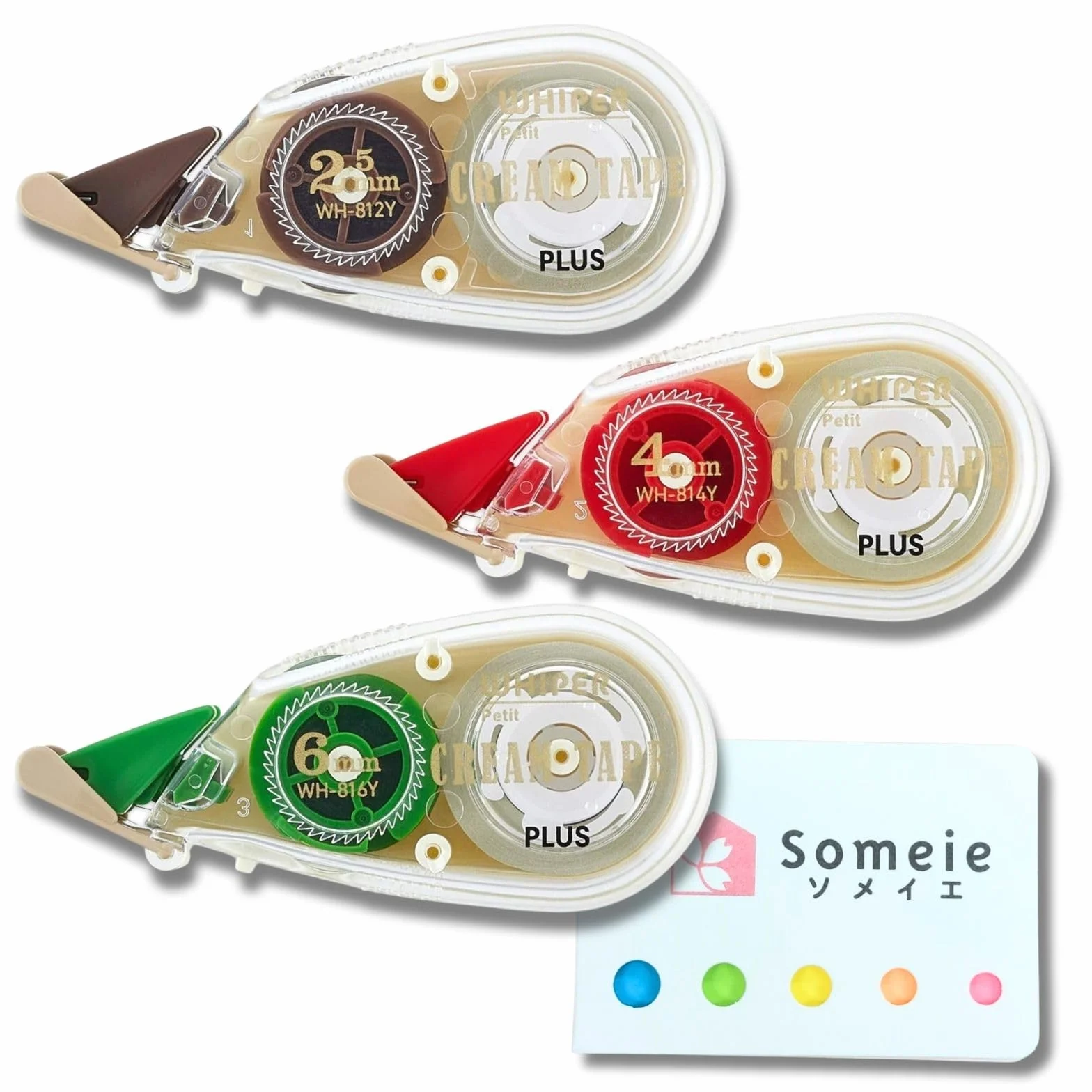 Whiper Petit Set di 3 Correttori a Nastro color crema 2,5 mm 4 mm 6 mm WH-812Y WH-814Y WH-816Y