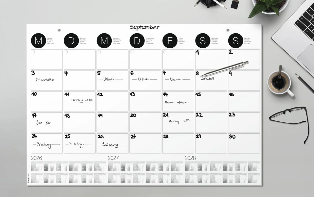 SIGEL H6550 Sottomano di carta planner mensile A2 2026/2027/2028 DE/EN/FR/NL 12 foglie FSC