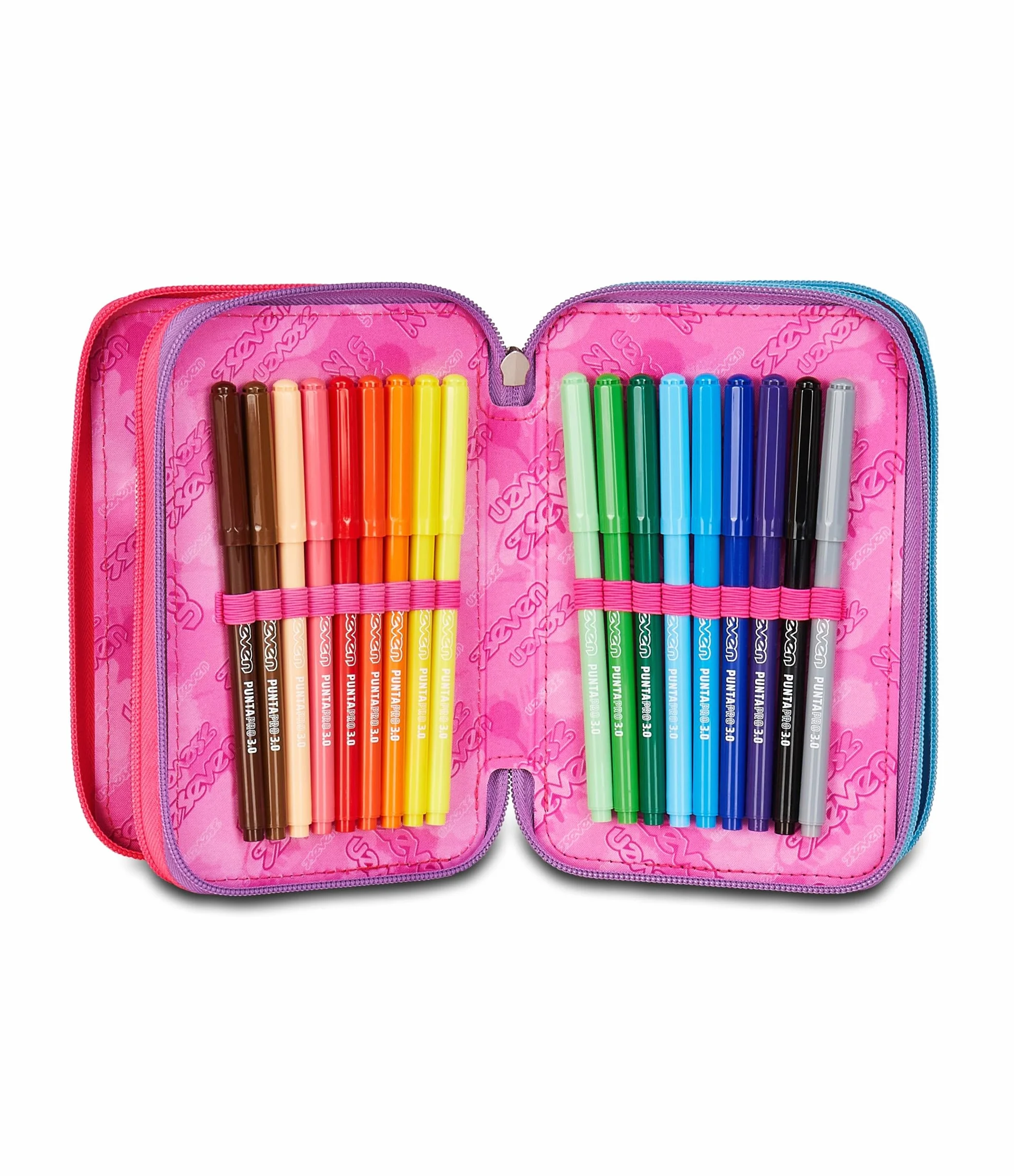 Seven Astuccio Scuola 3 scomparti con Matite Pennarelli Penne 3 Zip rosa/azzurro