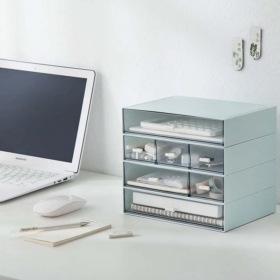 Organizer per cassetti da tavolo con 6 cassetti, capienza organizer per trucchi, impilabile, robusto cassetto in plastica per sistemazione e cosmetici, Penne, Mails, Trucco, Lettere per ufficio (Blu)