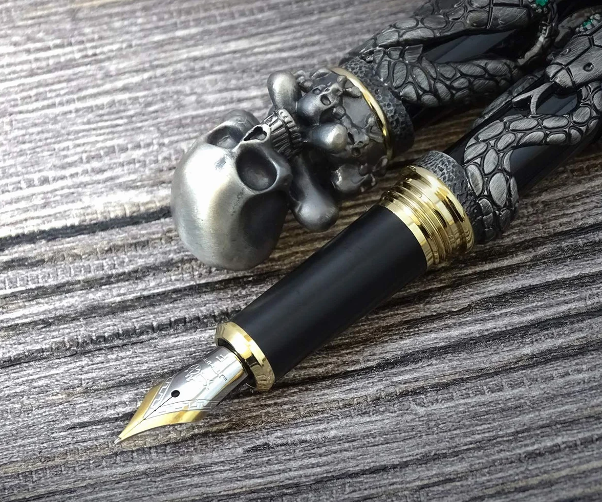 Jinhao - Penna stilografica a forma di serpente, punta fine con testa a teschio, in metallo massiccio