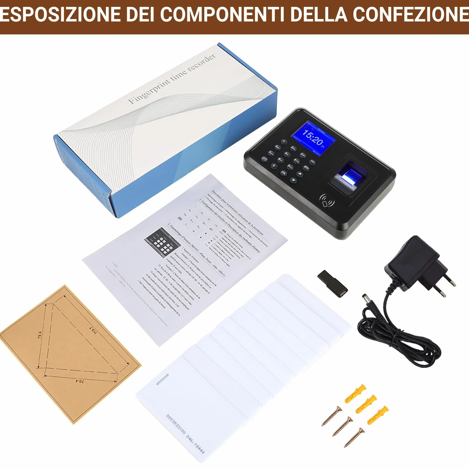 Orologio Marcatempo Biometrico per Piccole Imprese – 3-in-1: Lettore Impronte Digitali, Badge RFID (10 Inclusi), Codice PIN – Timbratrice Presenze Dipendenti senza WiFi, 0 Spese Mensili