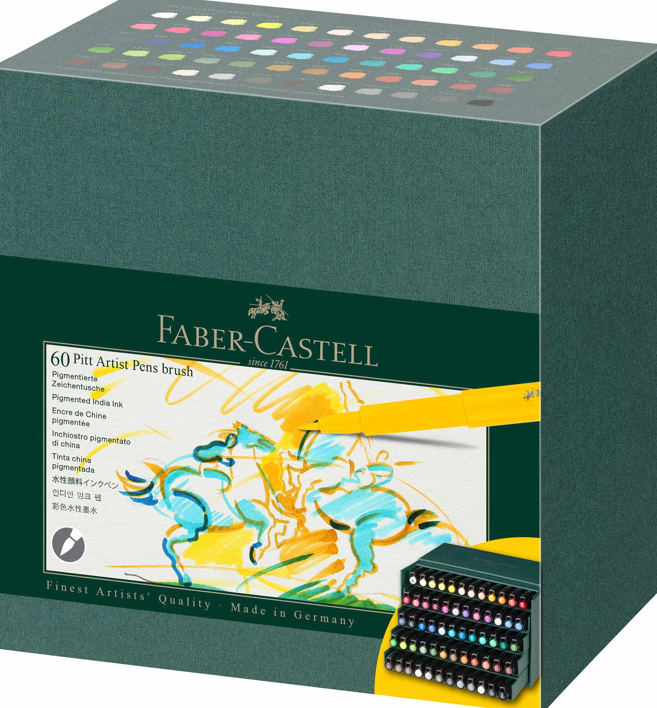 Faber-Castell 167193 Pitt Artist Pen, Scatola Studio di 60 Penne Con Punta a Pennello, Inchiostro Impermeabile E Resistente Alla Luce, Colori Permanenti Per Disegno E Schizzo, Per Adulti E Artisti