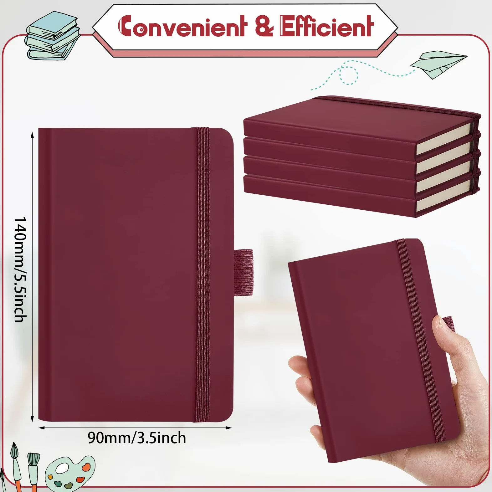 40 quaderni piccoli formato A6 tascabili da 8,5 x 15,5 cm, mini diario a righe con fascia elastica per penne e pagine per diario scolastico e ufficio (rosso vino)