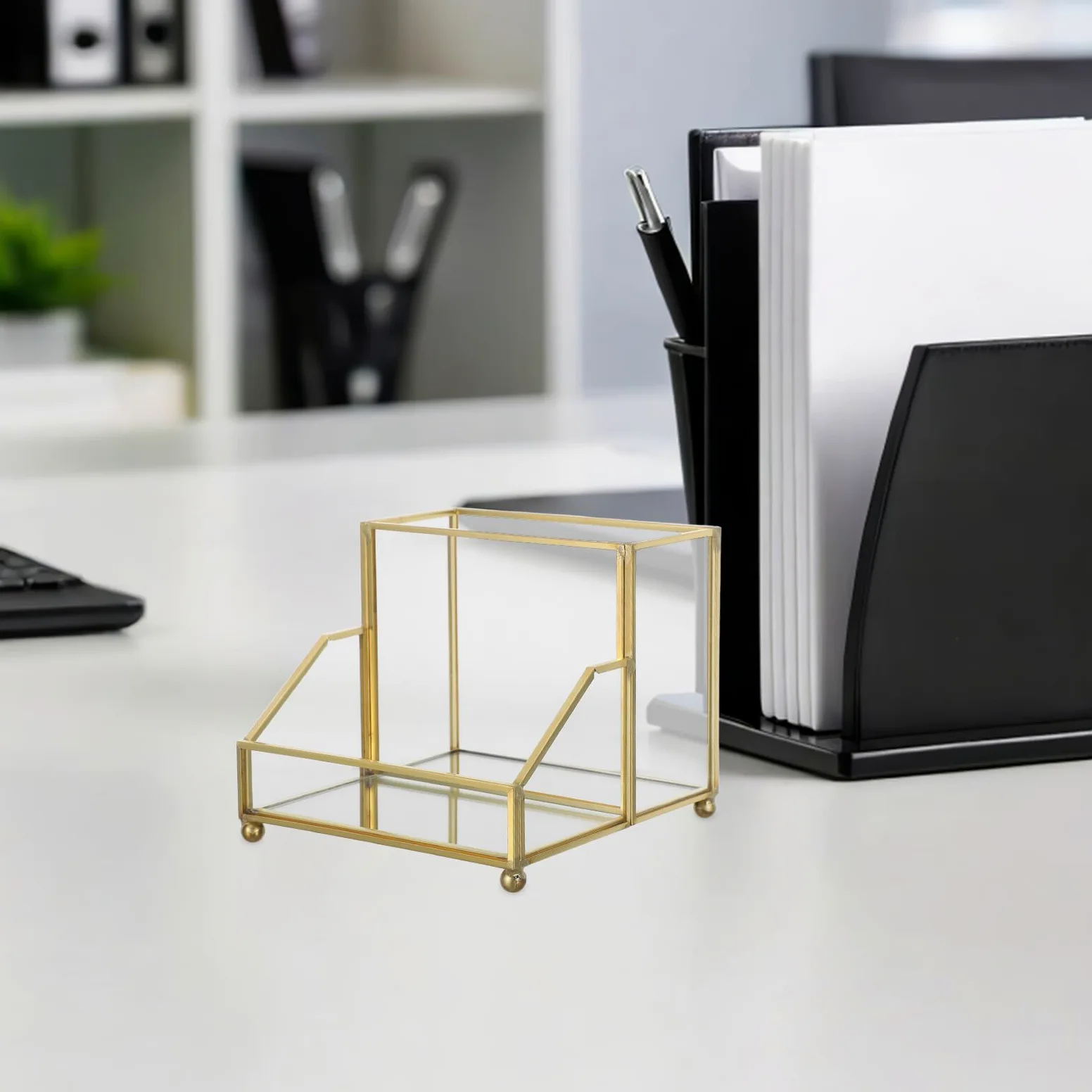 SHINEOFI Porta Biglietti da Visita con Dorato Espositore Verticale Trasparente per Scrivania Ufficio Scatola per Biglietti Standard che Impedisce Piegature e Mantiene Ordine Sul Tavolo