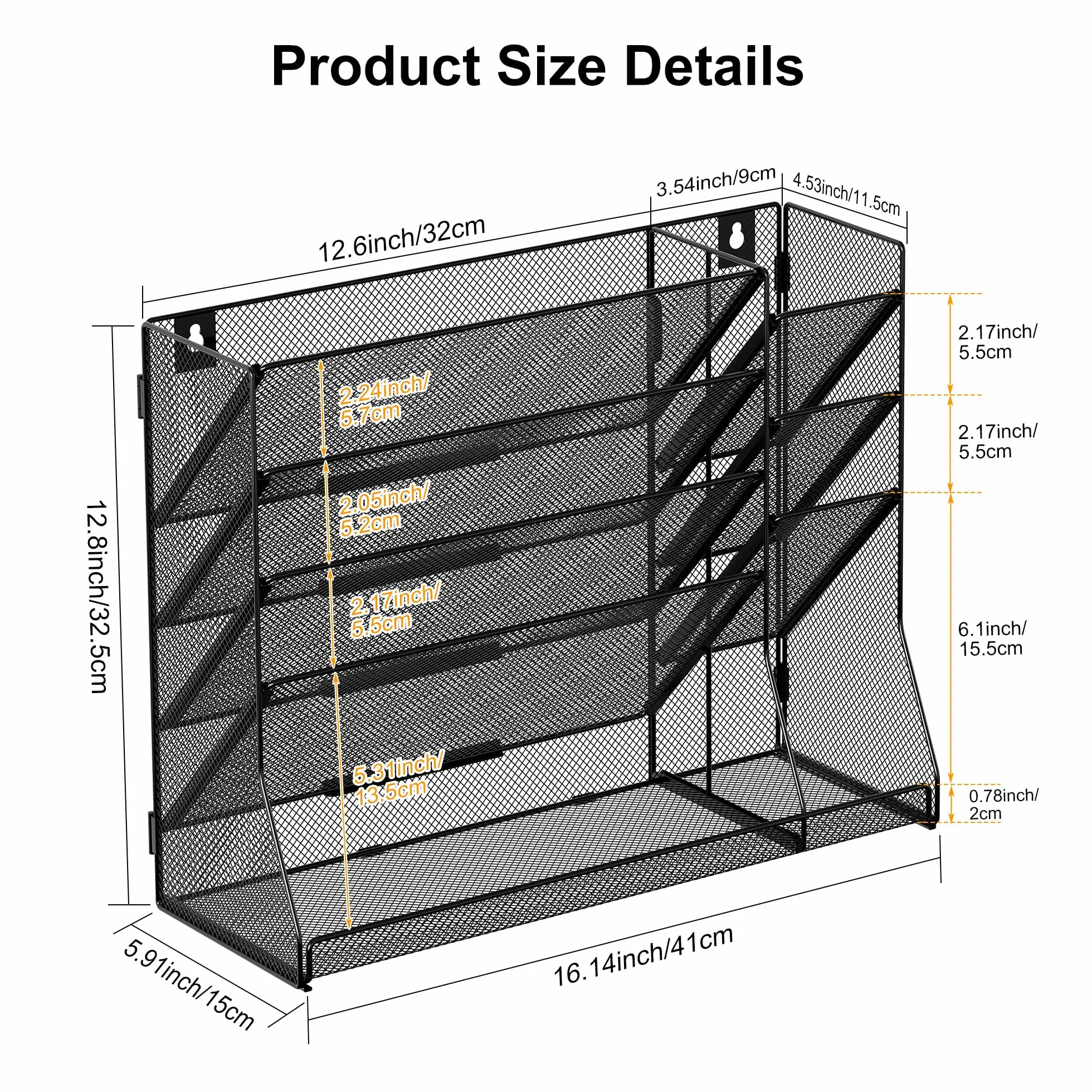 TQVAI 5 Ripiani Organizer Documenti Parete con 3 Scomparti Porta Penne Organizer Scrivania Metallo Portariviste Parete Scaffale per Documenti A4 Organizzatore Ufficio Casa, Nero