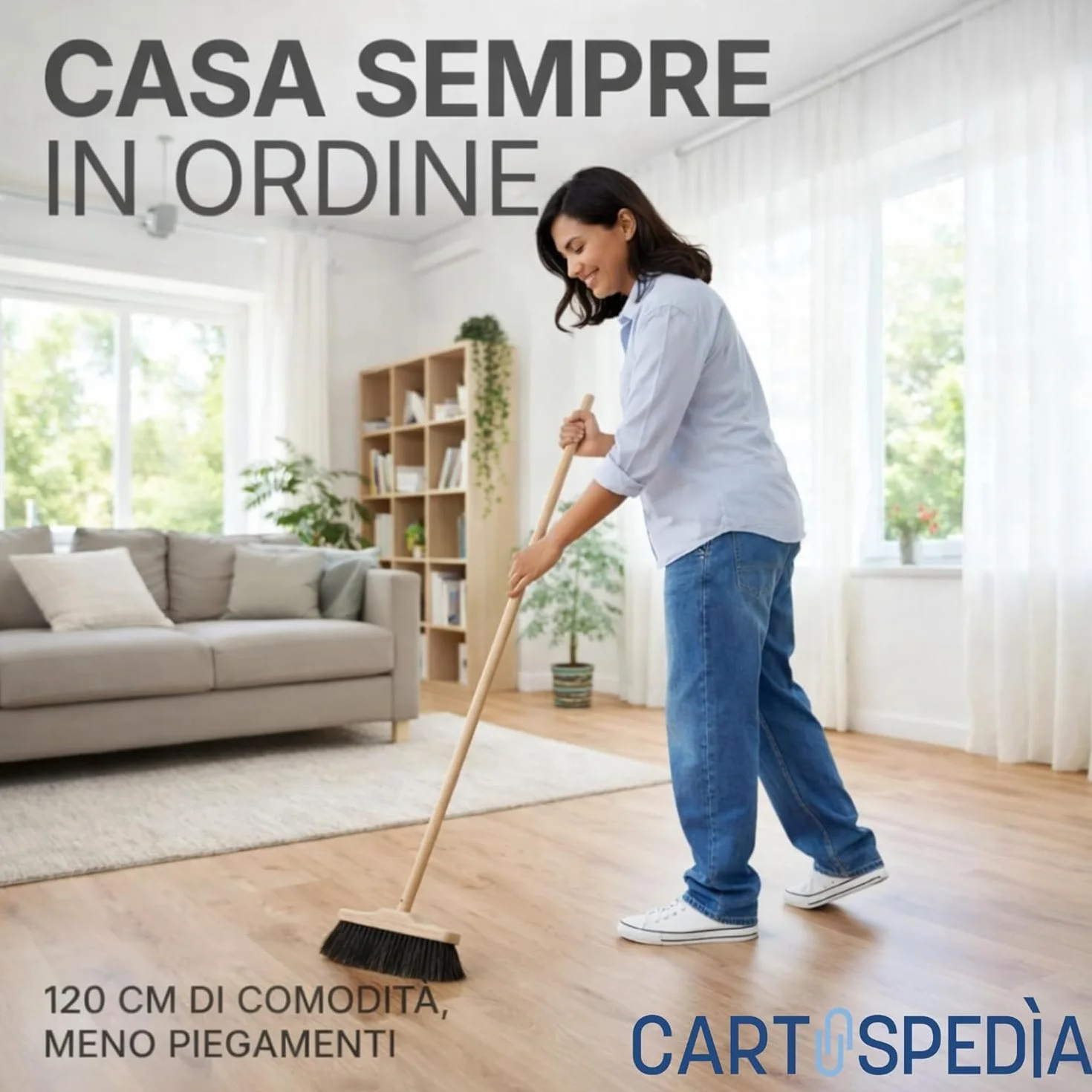 Scopa e Paletta con Manico Lungo 120 cm - Asta in Legno Filettato - Paletta Alzaimmondizia in Plastica - Setole Piumate per Pulizia