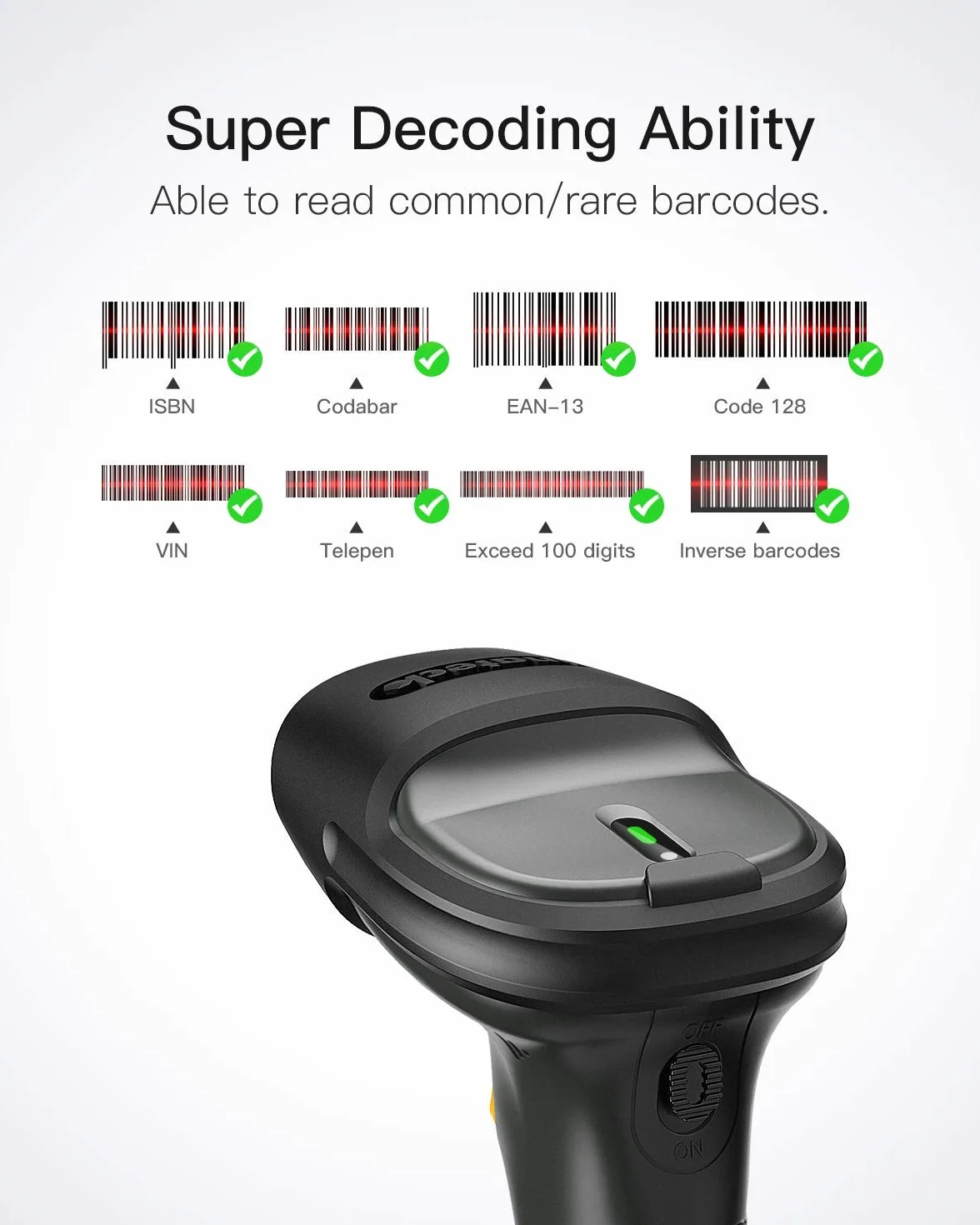 Inateck Lettore di codici a barre senza fili 1D, scanner Bluetooth wireless, portata trasmissione 100 m, legge codici su schermo, P7