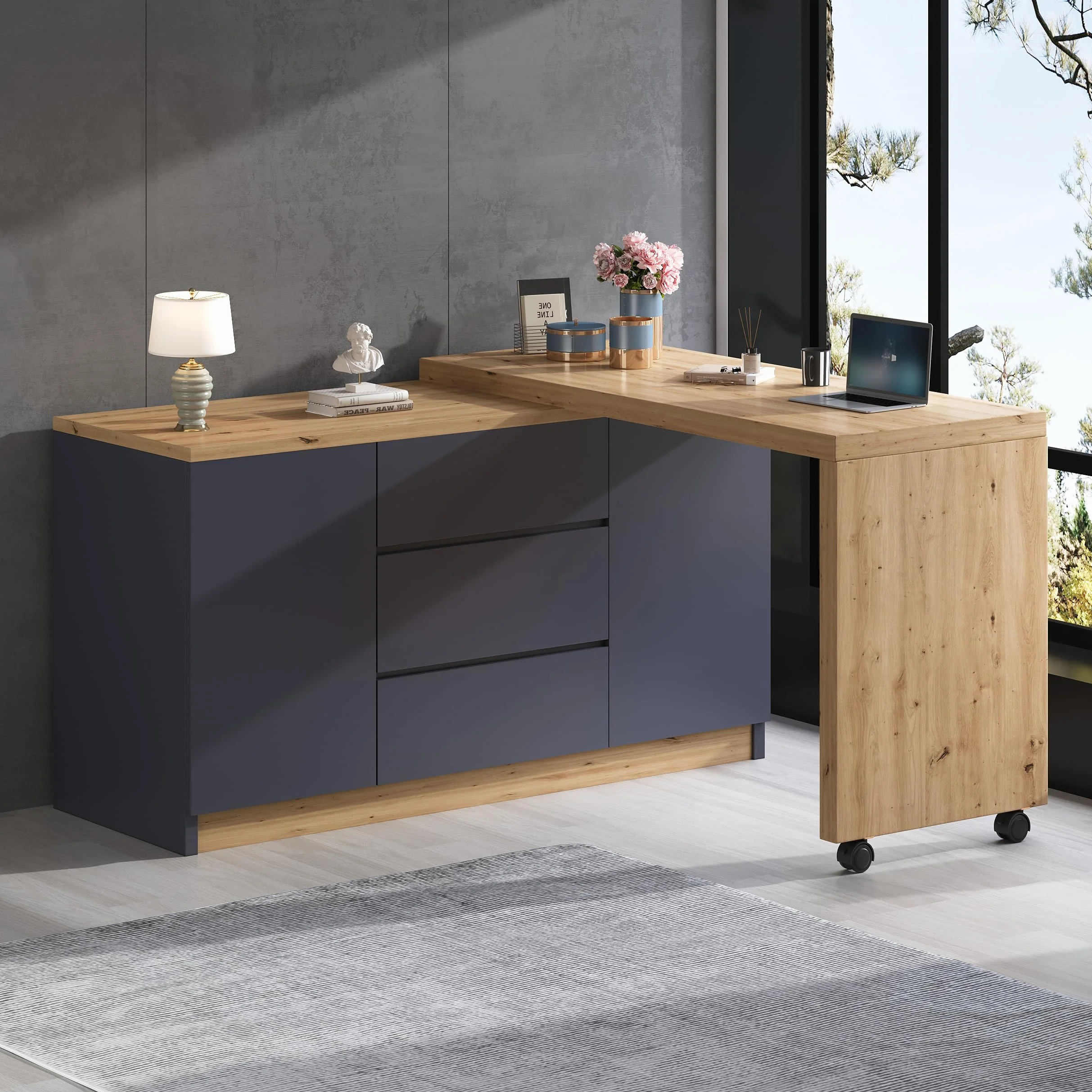 Scrivania con ruote bloccabili, design multifunzionale, 4 cm di spessore, piano girevole bloccabile, scrivania pieghevole, scrivania angolare, credenza (grigio + rovere)