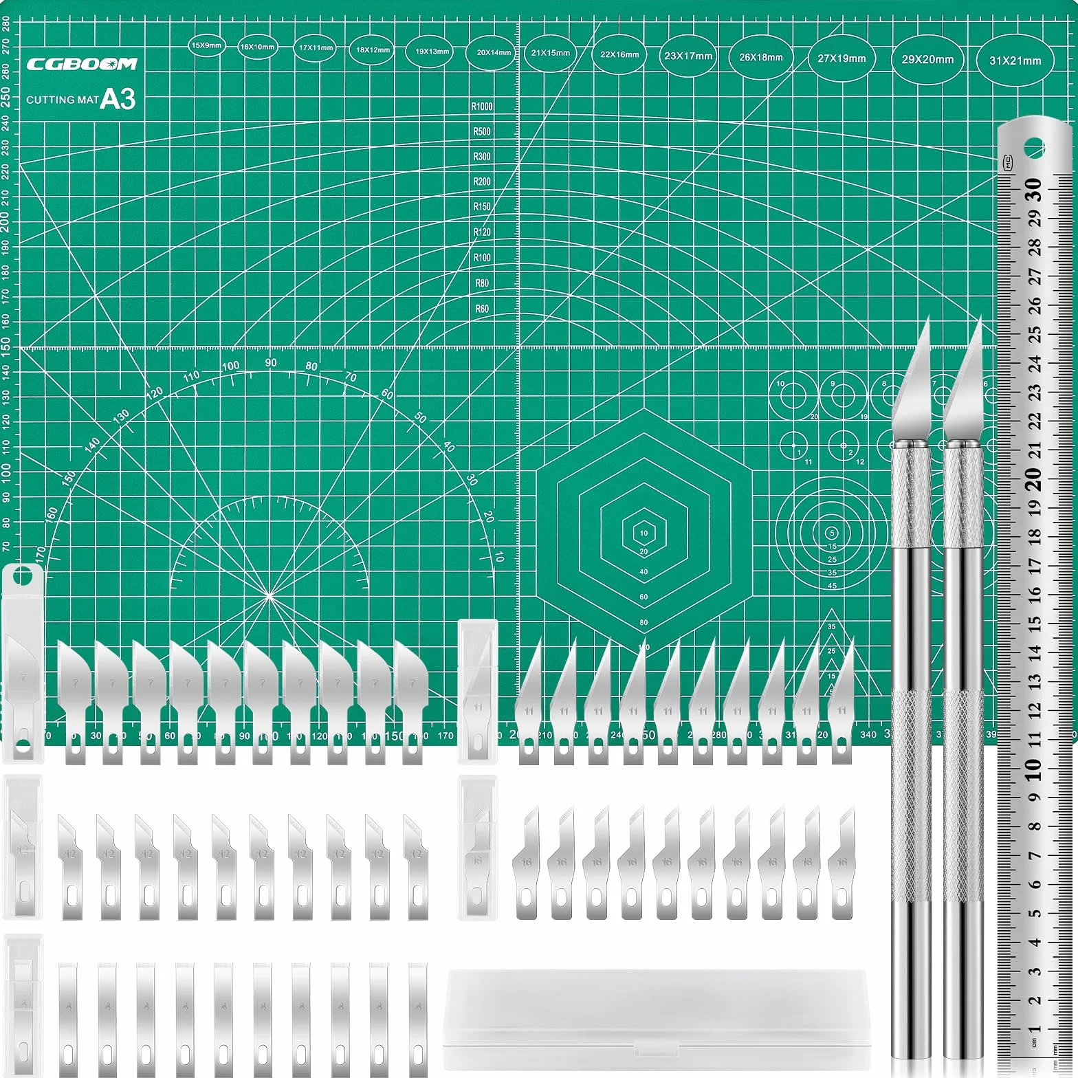 CGBOOM Set Tappetini da Taglio Autorigenerante A3 con 50 Coltelli e Righello Acciaio