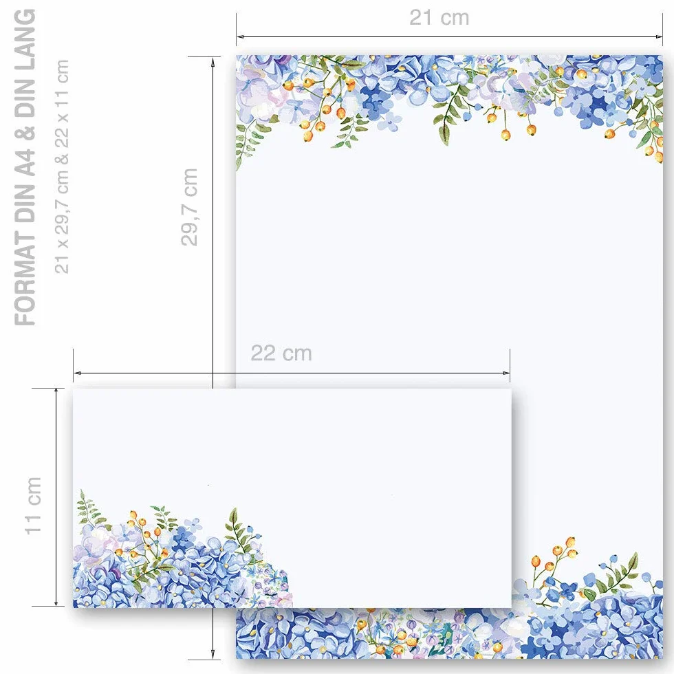Paper-Media Motivo set di cancelleria Fiori & Petali ORTENSIE BLU 10 fogli 10 buste DIN LANG