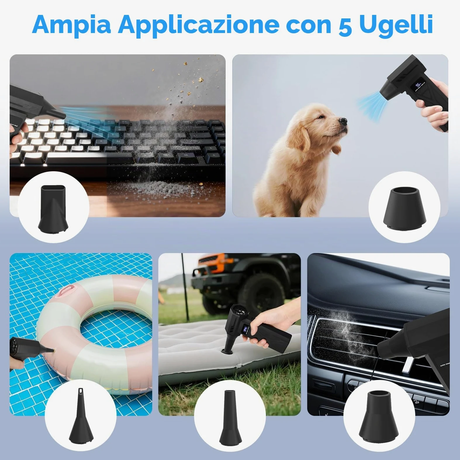 Aria Compressa Elettrico 4 Velocità – Soffiatore Portatile 4000 mAh con LED | Velocità Max 110.000 RPM, Autonomia 20-60 min, 5 Ugelli + 10 Spazzole, Ricarica Rapida 2,5 ore, per PC/Auto/Divani/Tastiere