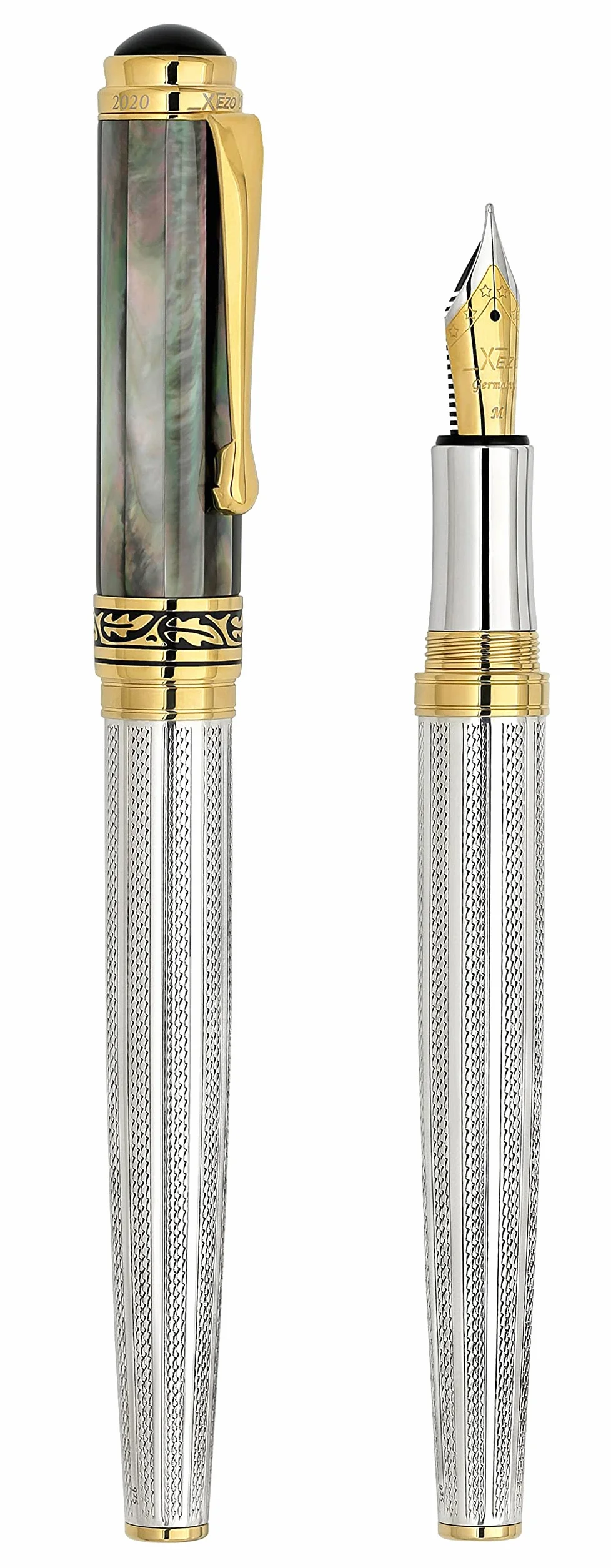 Xezo Penna stilografica Maestro, pennino medio. Argento 925 sterling con madreperla nera di Tahiti e placcatura in oro 18 carati. Realizzata a mano, edizione limitata, numerata
