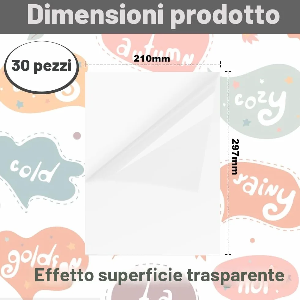 Carta Adesiva Stampabile Trasparente A4, 30 Fogli per Getto d'inchiostro e Laser, 21x29,7 cm