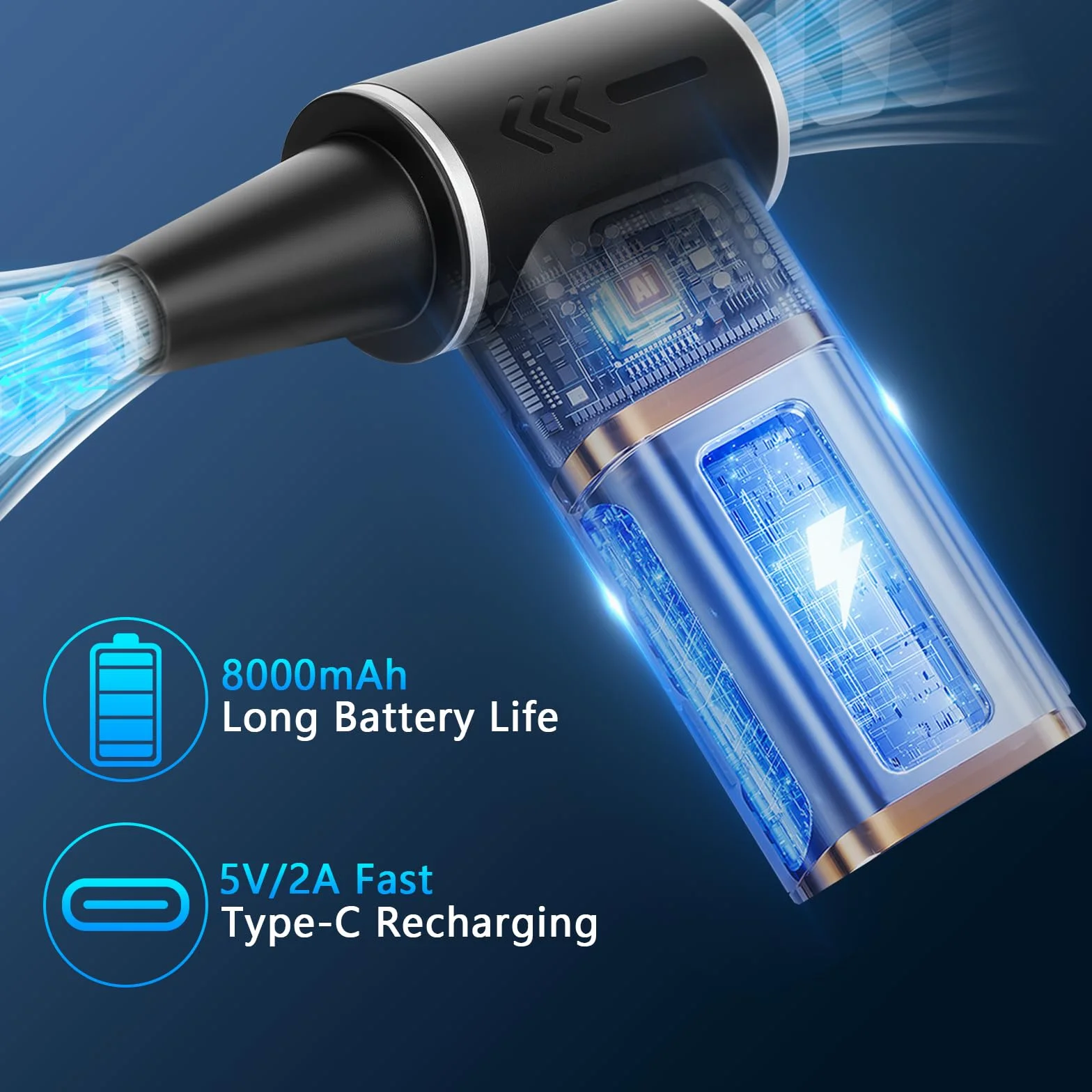 Soffiatore Aria Compressa 2-in-1 Air Duster Elettrico & Aspirapolvere 180000 RPM, Batteria 8000mAh, 100 Livelli di Velocità, Display Digitale, Kit Pulizia PC, Tastiera e Auto, USB-C (Nero)