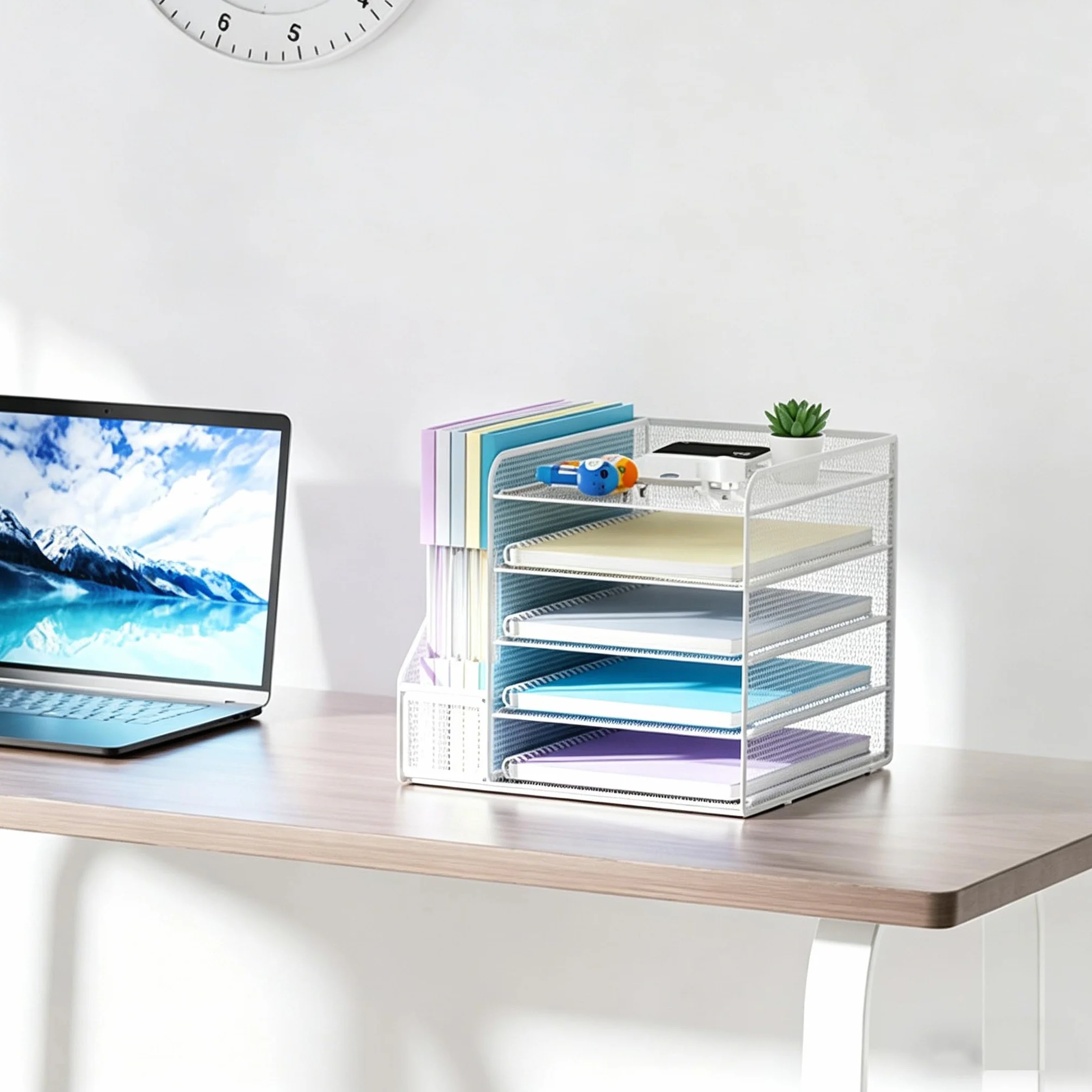 Marbrasse Organizer Scrivania Accessori,5-Livelli Organizer Ufficio,Porta Documenti Organizzatore in Rete per Scrivania,Ufficio Portaoggetti Scrivania Casa(Bianco)