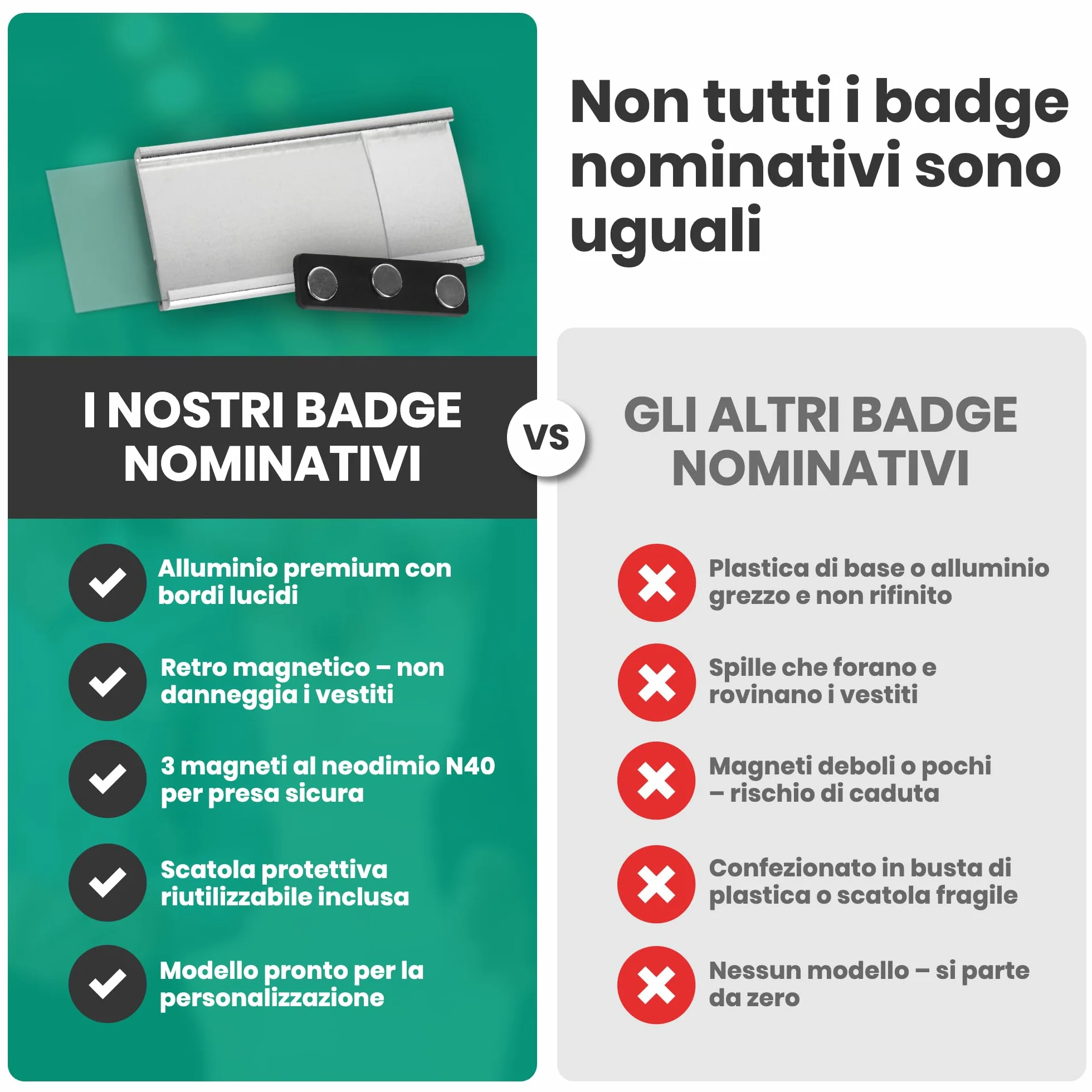 Targhetta magnetica set 20 magneti N40 72x31 mm porta badge alluminio