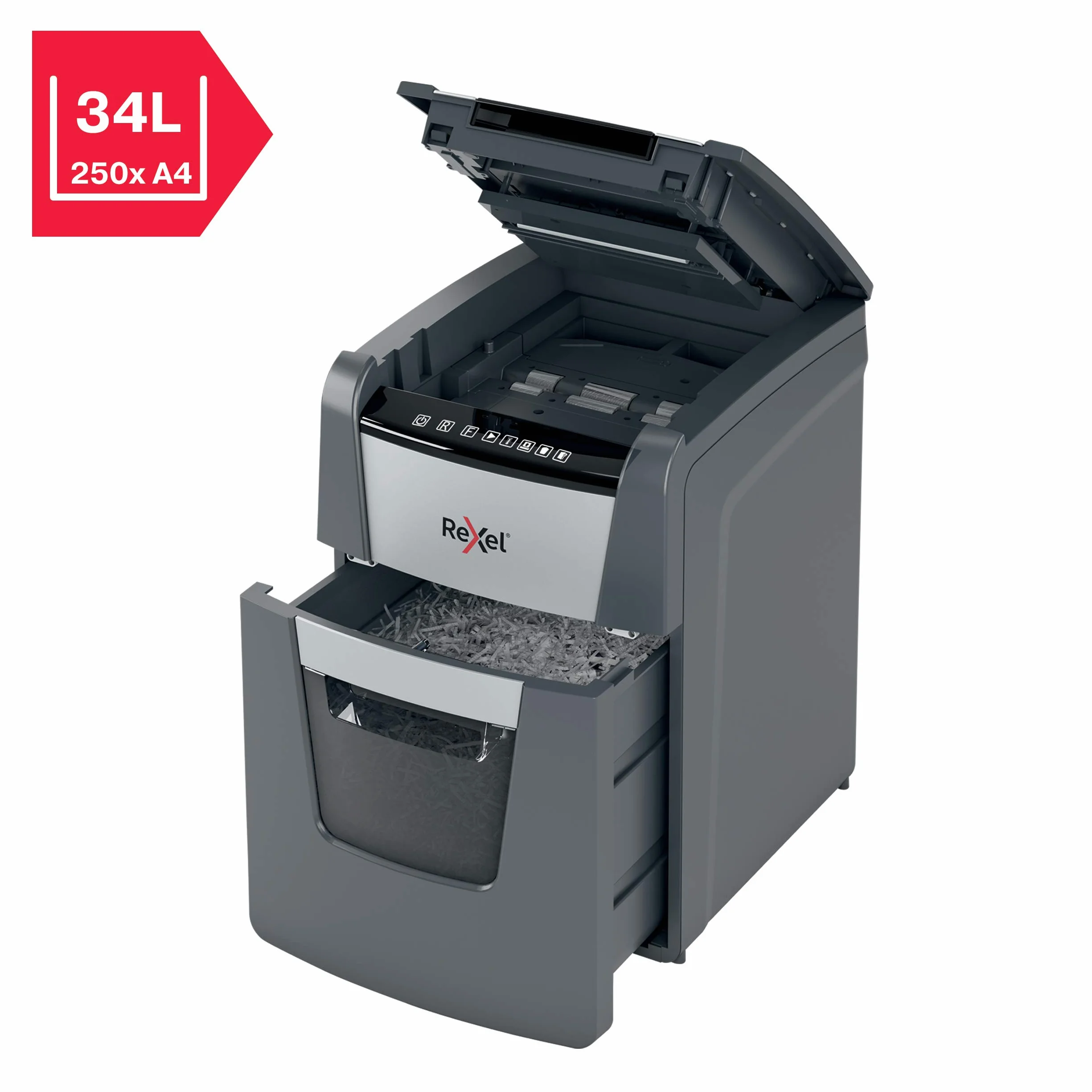 REXEL Optimum Auto Feed+ 90X, Distruggi documenti Automatico, 90-99 Fogli (80-70 gr/mq), Taglio a Frammento, Livello di Sicurezza P-4, per la Casa e per l'Ufficio, Capacità 34 Litri, 2020090XEU