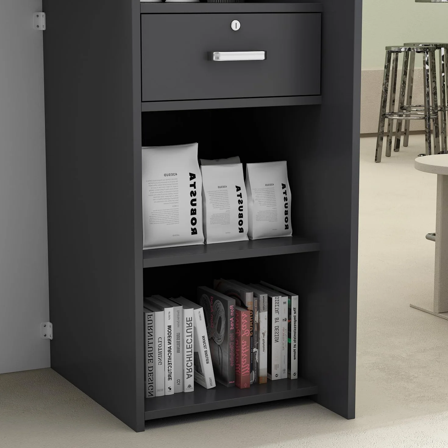 Banco reception Cassettiera con ripiano e cassetto, bancone patchwork nero-grigio, MDF, 40 x 121 x 110 cm