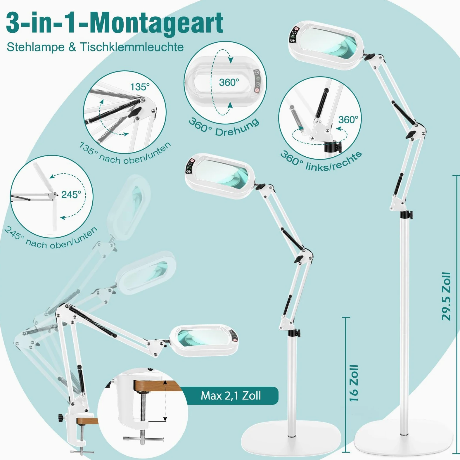 Lente d'ingrandimento 10X con luce e supporto, lampada da terra con lente d'ingrandimento 3 in 1, 5 modalità di colore, lampada con lente d'ingrandimento dimmerabile per pittura e cucito.