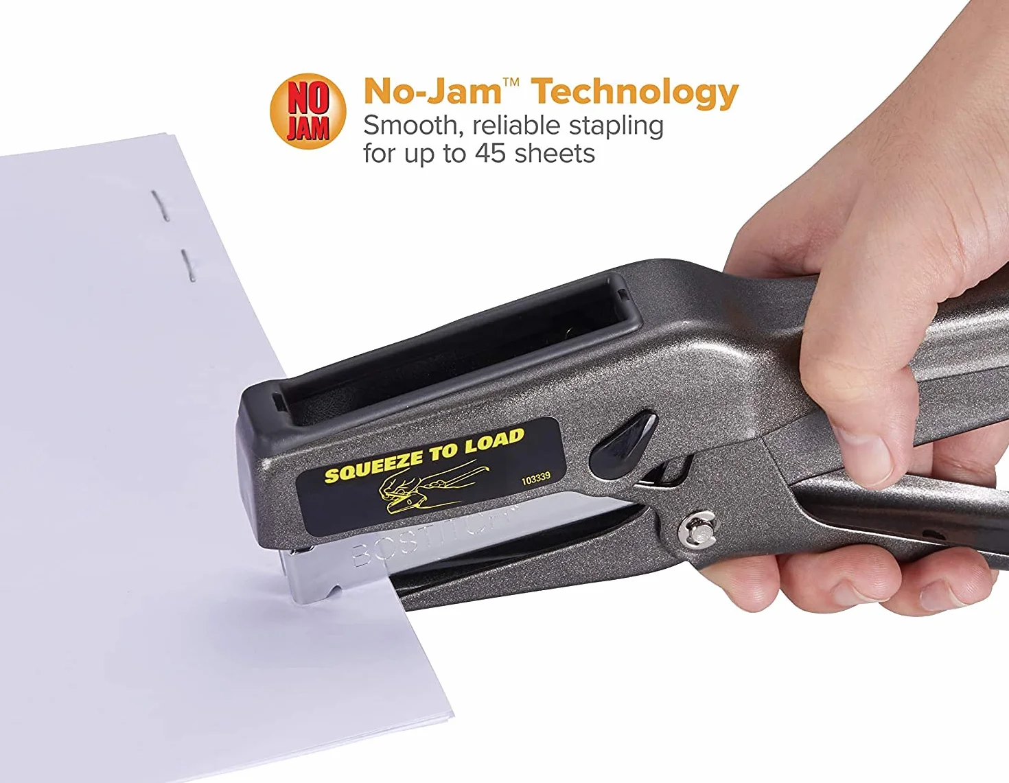 Bostitch Pinzatrice B8 per ufficio, resistente, con 1250 punti da 1/4", 45 fogli senza inceppamento, cucitrice industriale in metallo a striscia intera, capacità 210, per cartone, carta, tessuto