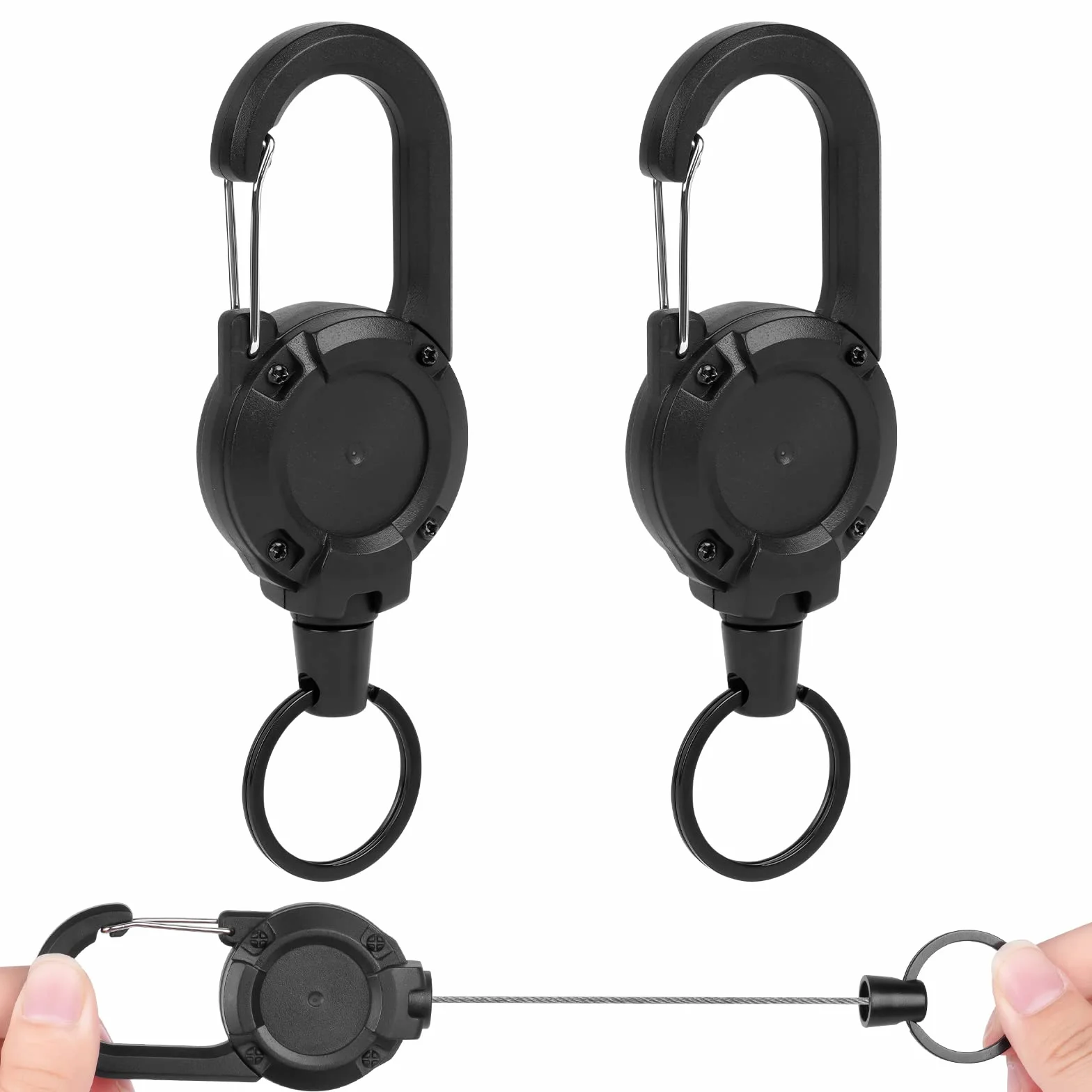 Portachiavi Retrattile Vicloon 2 Pezzi Clip a Bobina Allungabile con Cavo Acciaio 60cm Nero