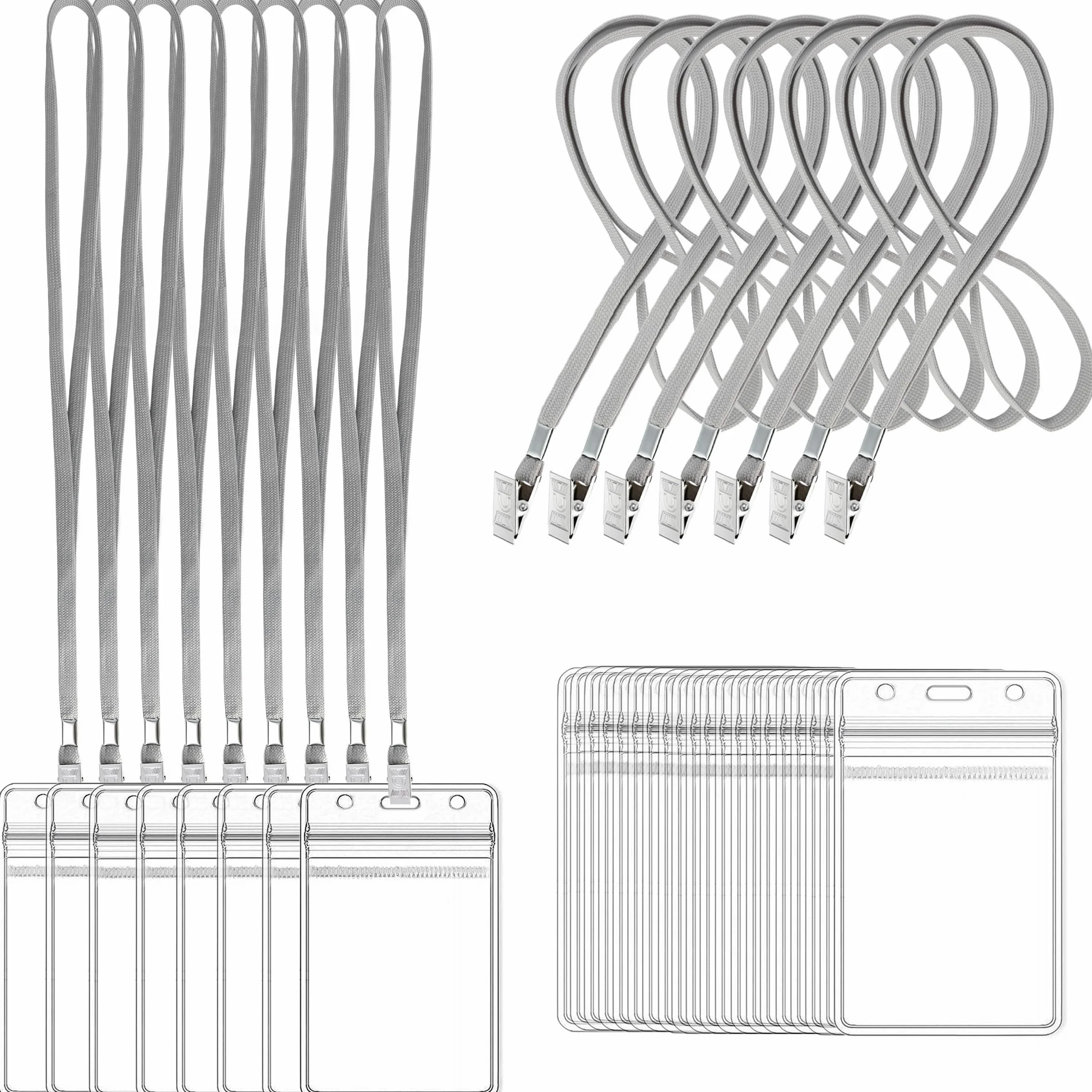 100 targhette porta badge in plastica trasparente e 100 cordini neri con clip (grigio)