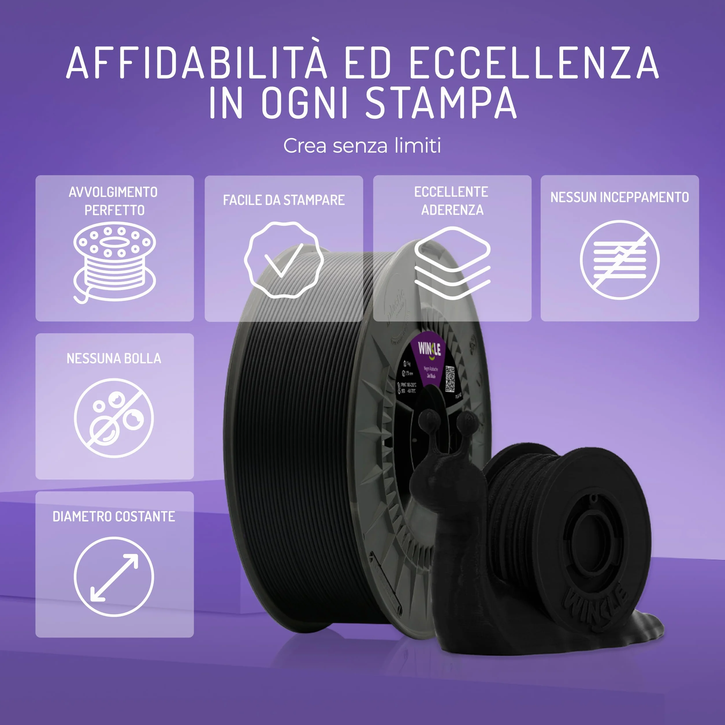 WINKLE Filamento PLA HD 1.75mm Nero Corvino 300g per Stampante 3D FDM Precisione Dimensionale +/- 0.05mm