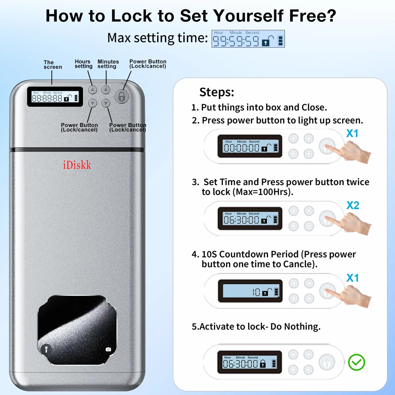 iDiskk Scatola di metallo con serratura per telefono con timer, per bambini, studenti e adulti, autocontrollo, portatile, per smartphone Samsung/Google/iPhone