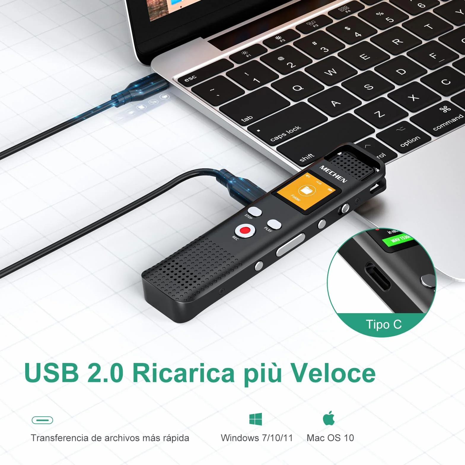 MECHEN Registratore vocale da 128 GB con riconoscimento vocale, 1536 kbps con lettore MP3, qualità audio HD, cancellazione del rumore, registratore vocale per lezioni