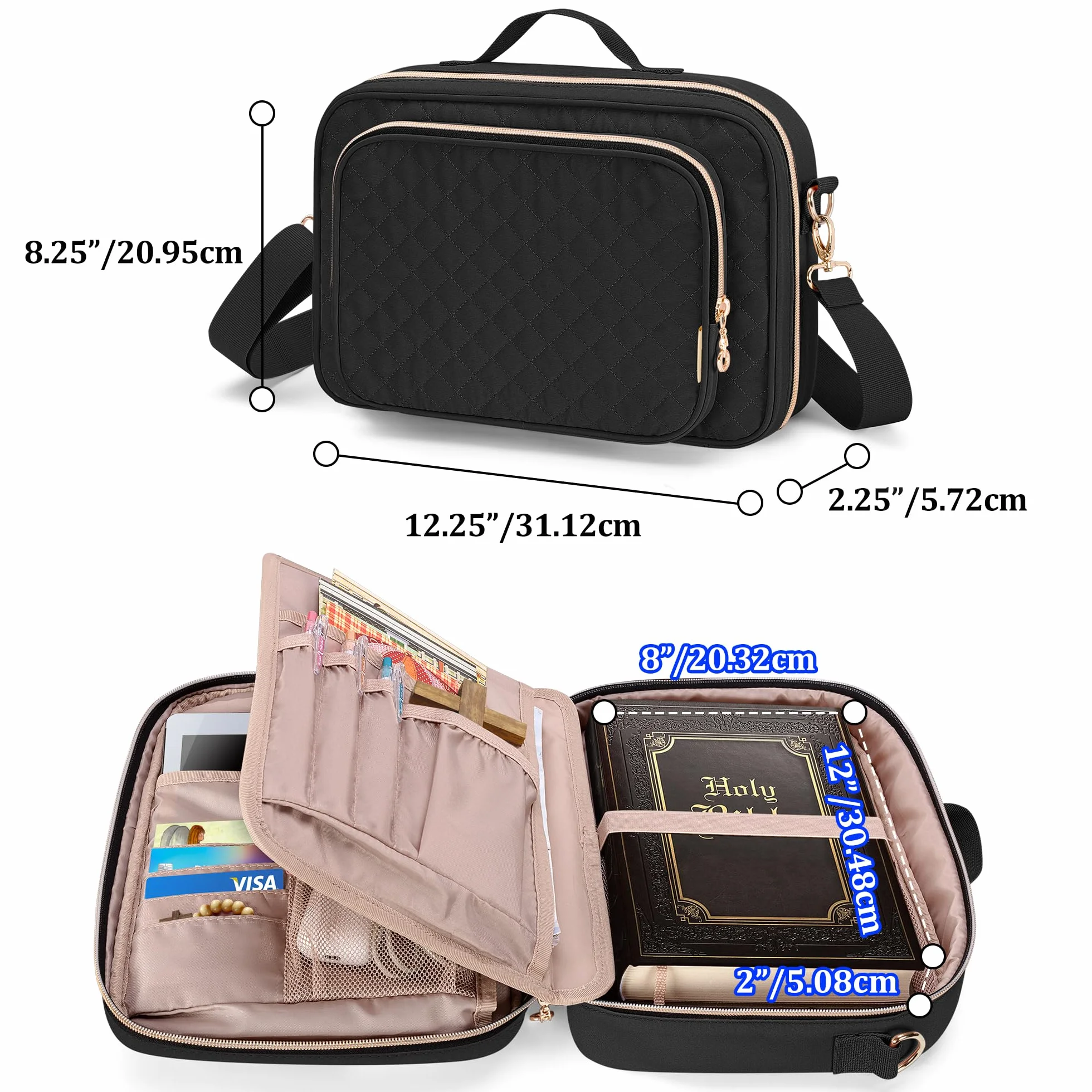 Teamoy Custodia per Bibbia, Custodia per Bibbia con Maniglia e Tracolla Staccabile, Borsa per Bibbia con Cerniera di Grandi Dimensioni Elegante Multifunzionale,Nero