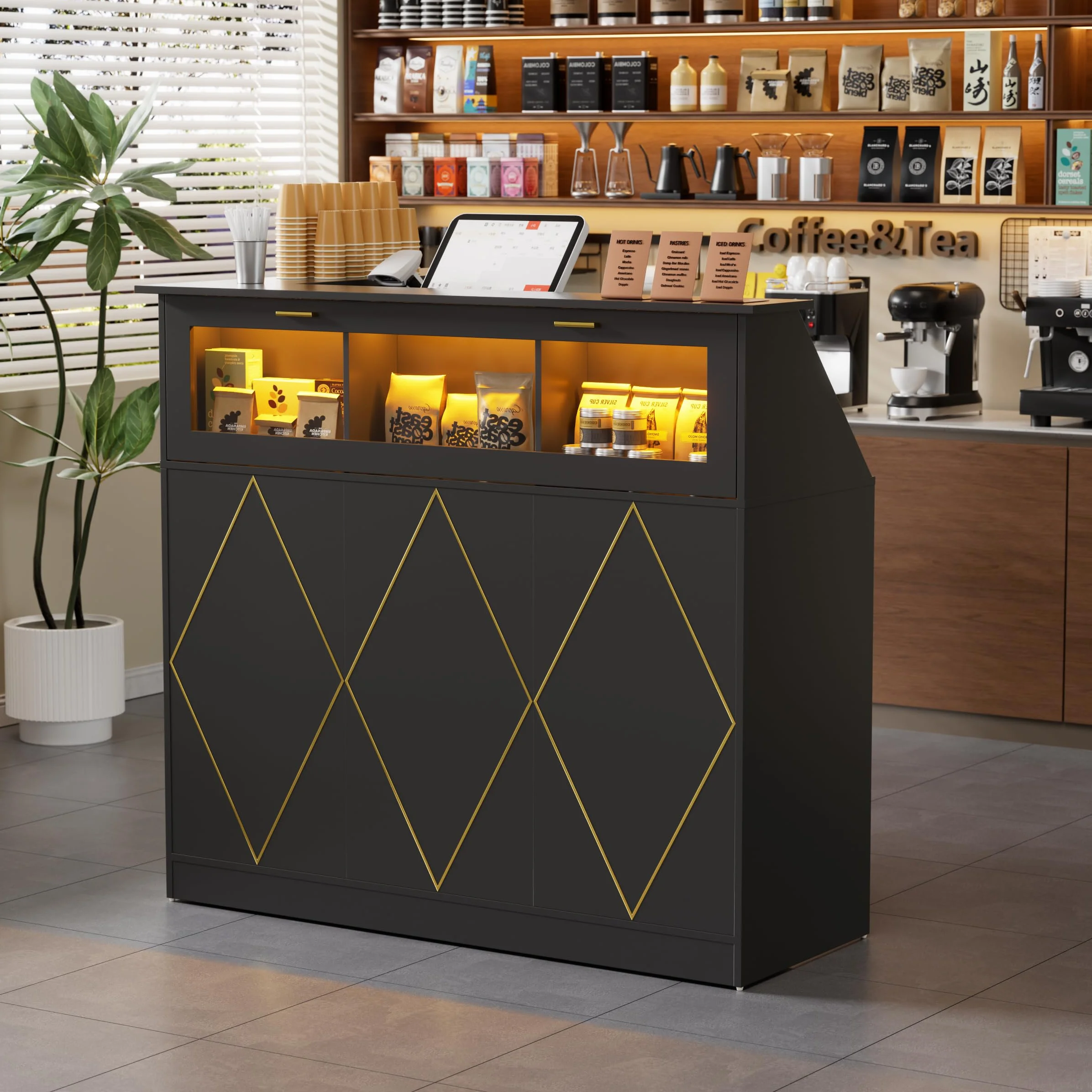 MSFE Bancone Reception con LED, Banco Reception L con Cassetti e Armadi, Moderno Bancone Negozio Reception Estetica Banco Cassa per Hotel, Ufficio,Centro Estetico,126x93x111cm (Nero)