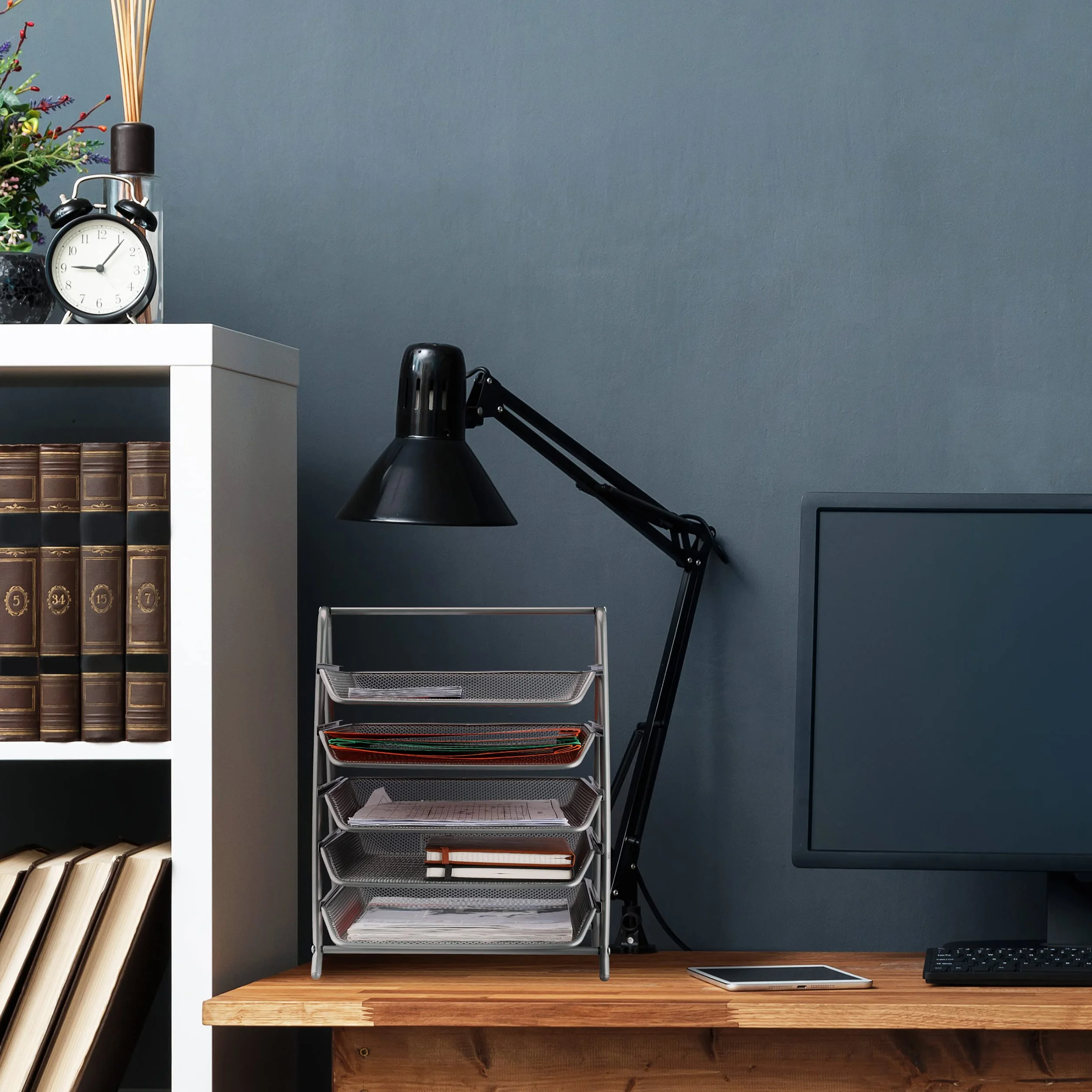 Relaxdays Organizer Portadocumenti con 5 Vaschette, Portalettere A4, HLP: 37,5 x 30 x 35 cm, Rete in Acciaio, Argentato
