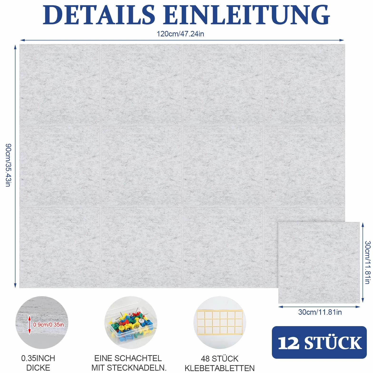 Bacheca in feltro, 90 x 120 cm, autoadesiva, 12 pezzi, 30 x 30 cm, pannelli decorativi da parete in feltro, per casa, scuola, pareti dell'ufficio