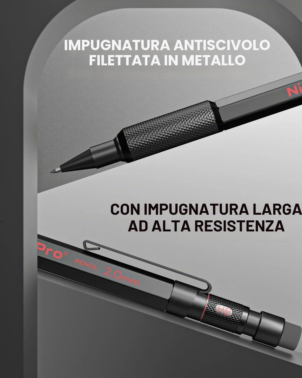 Nicpro Portamine 2 mm MP2000 con Custodia, 12 Ricariche Nera e Colorata, Gomme - Portamine in Metallo Resistente Alle Intemperie