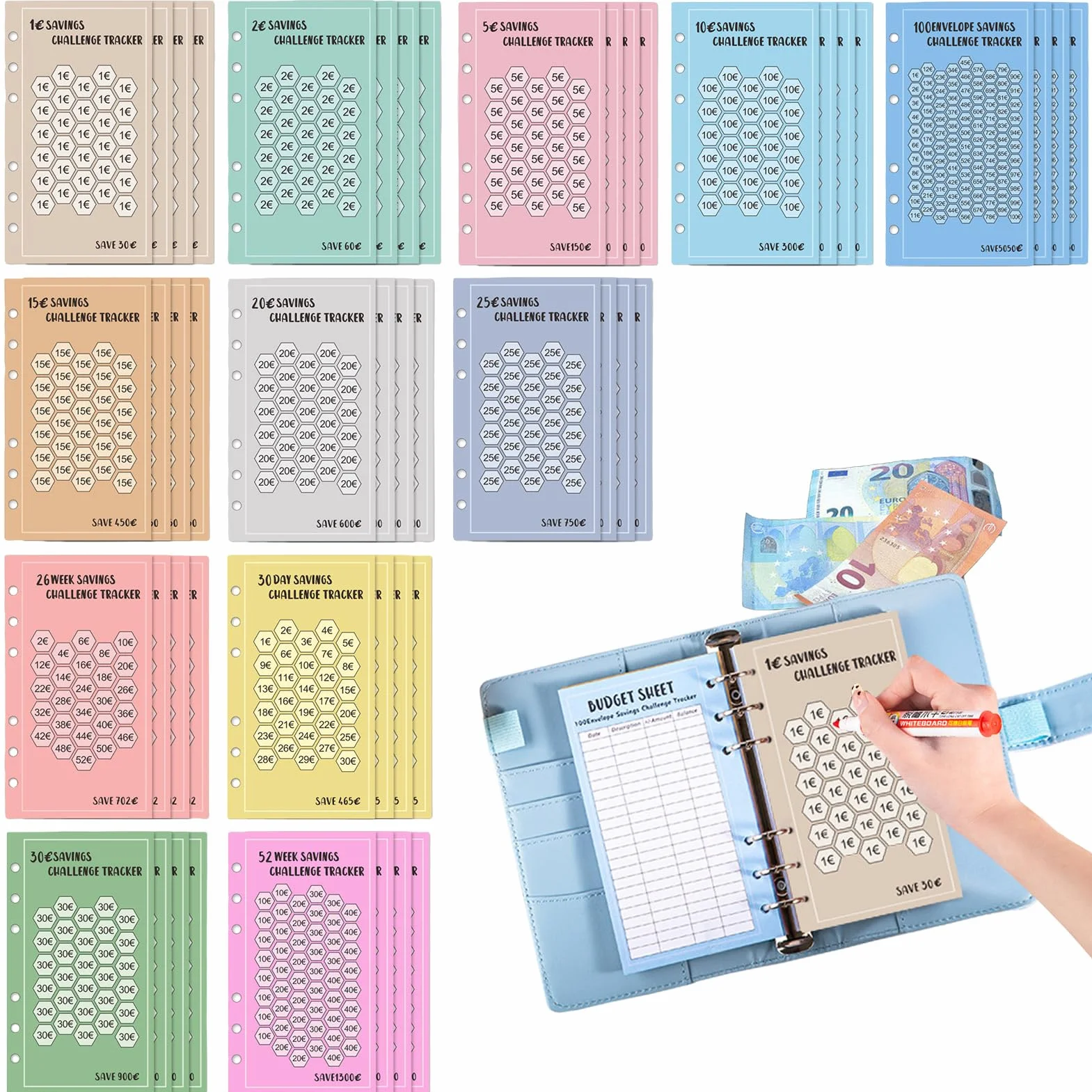 Monitoraggio dei risparmi A6 a 6 anelli - Fogli di riserva 52 settimane Compatibile con buste da 100 euro e carte punzoni in dollari | Set fogli risparmio