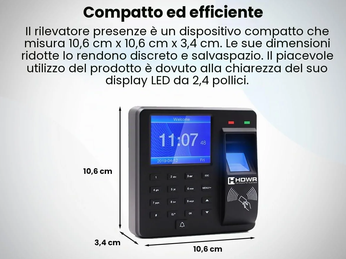 HDWR CTR10 Macchina di Registrazione, Sistema Avanzato di Rilevazione delle Presenze - Biometrico, RFID, Verifica con Password - 1000 Dipendenti, Controllo degli Accessi
