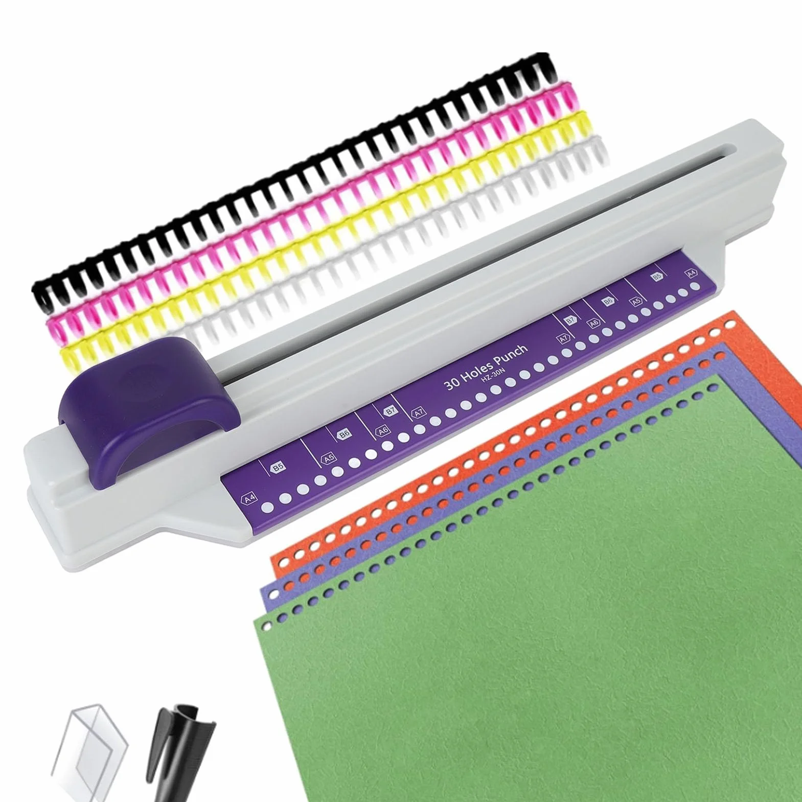 Naroote Perforatrice per Carta A4 con capacità di 30 Fori e 6 Fogli, Perforatori a Spirale, Strumento di Rilegatura a Spinta Manuale con 4 Strisce di Fogli Sciolti e Morsetto di Fissaggio