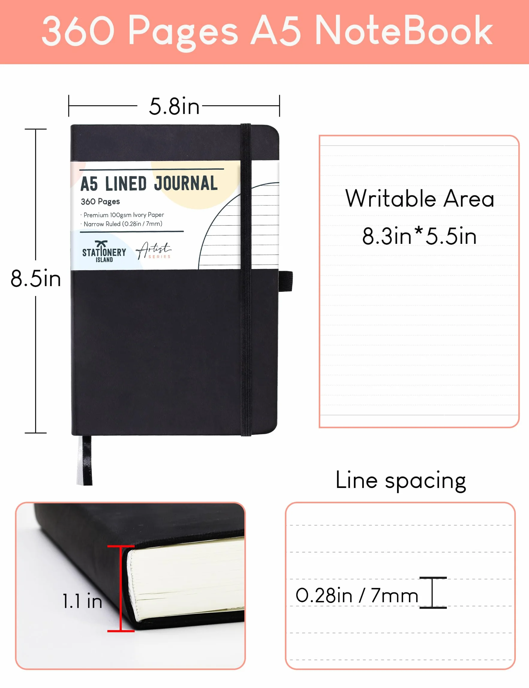 STATIONERY ISLAND Quaderno A5 Righe, 360 Pagine, Copertina Rigida, 100 g/m²