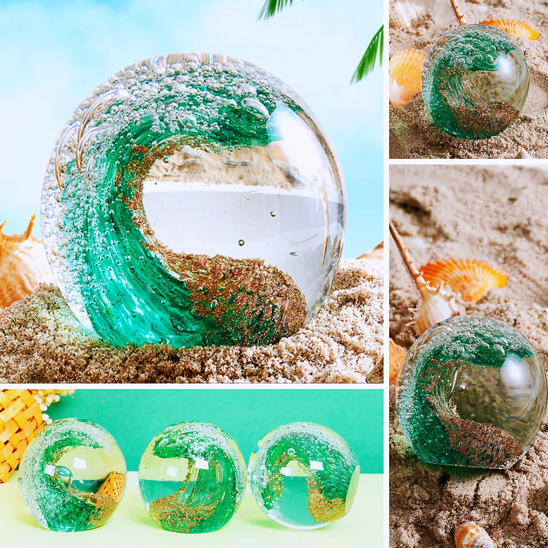 EUSTUMA Statuette in vetro soffiato a mano con onde oceaniche, fermacarte in vetro per scrivania, decorazione per la casa da collezione, per acquario e ufficio