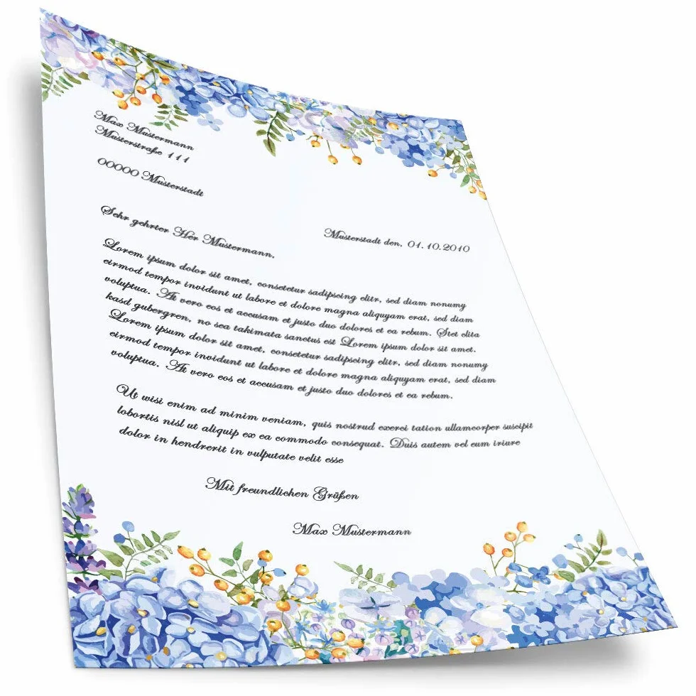 ORTENSIE BLU Carta da Lettera Decorata A4 20 Fogli