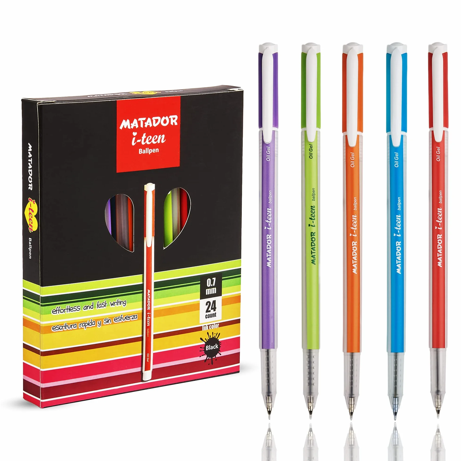 Matador i-teen - Penna a sfera a punta fine (0,7 mm), inchiostro nero, design elegante e accattivante, offre linee forti e vivaci, 24 conti.