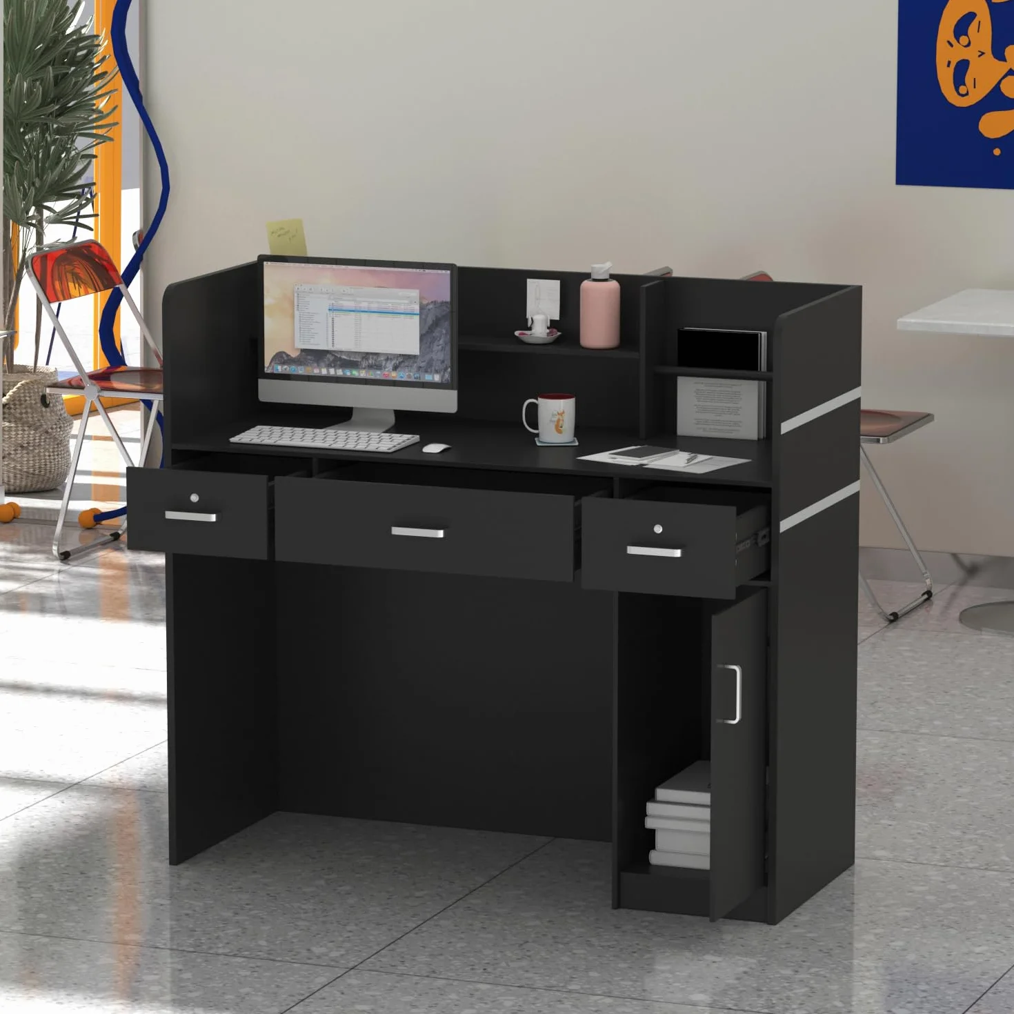 Banco e reception mobili da ufficio con 3 cassetti e 1 armadio, 110 x 120 x 48 cm, nero