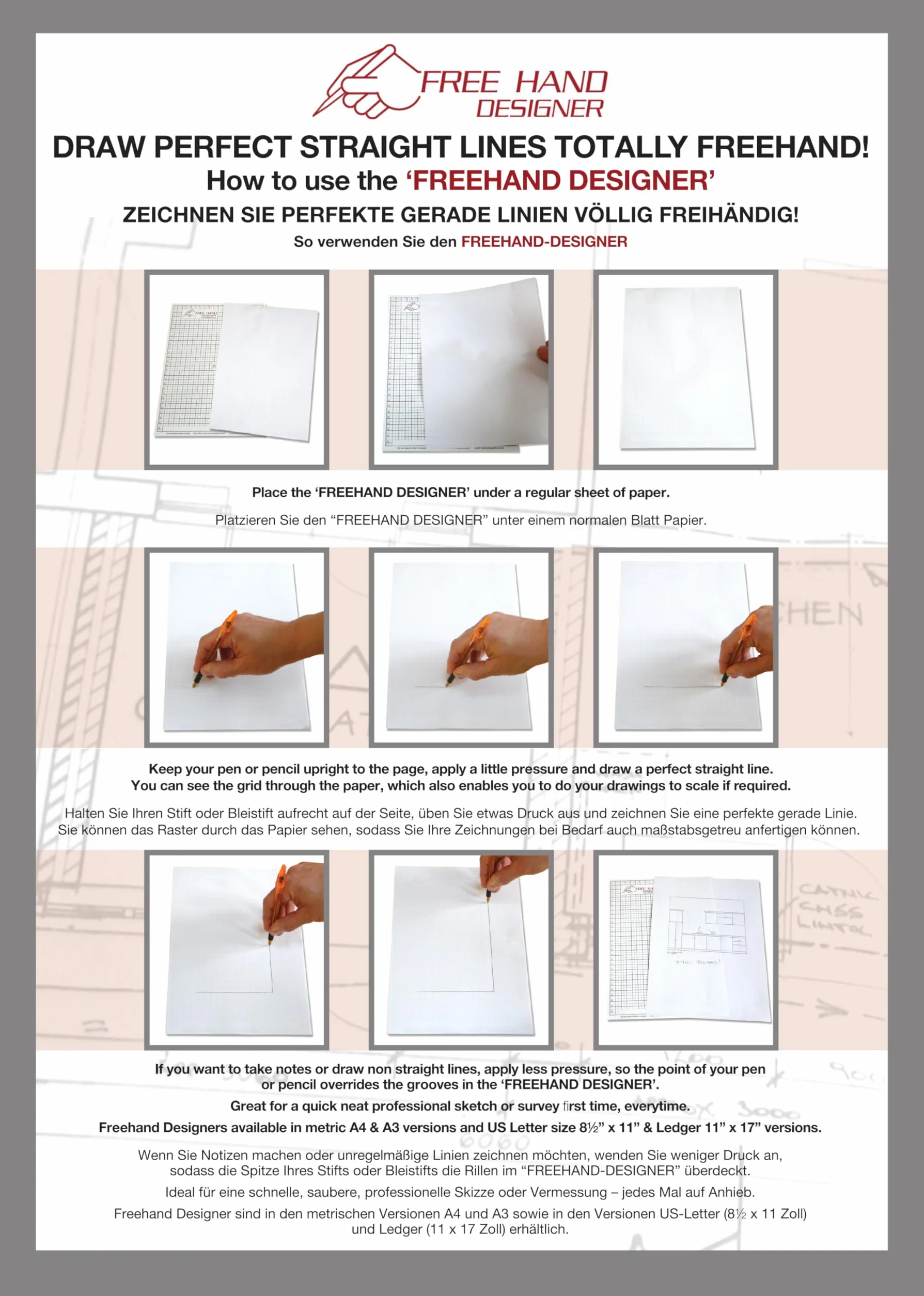 A4 Freehand Designer Foglio Griglia e Goniometro - Modelli per tracciare linee dritte e angoli precisi