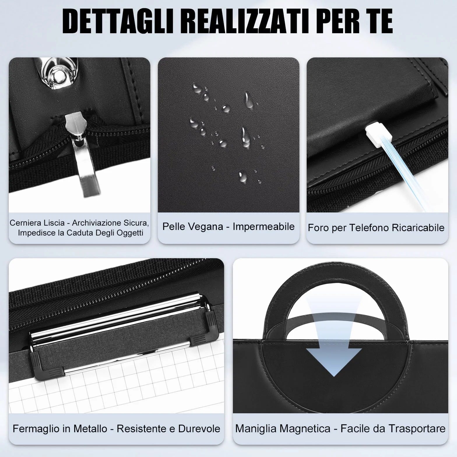 Leathario Cartella Portadocumenti A4 Pelle Vegana con Maniglia e Portablocco Raccoglitore ad Anelli