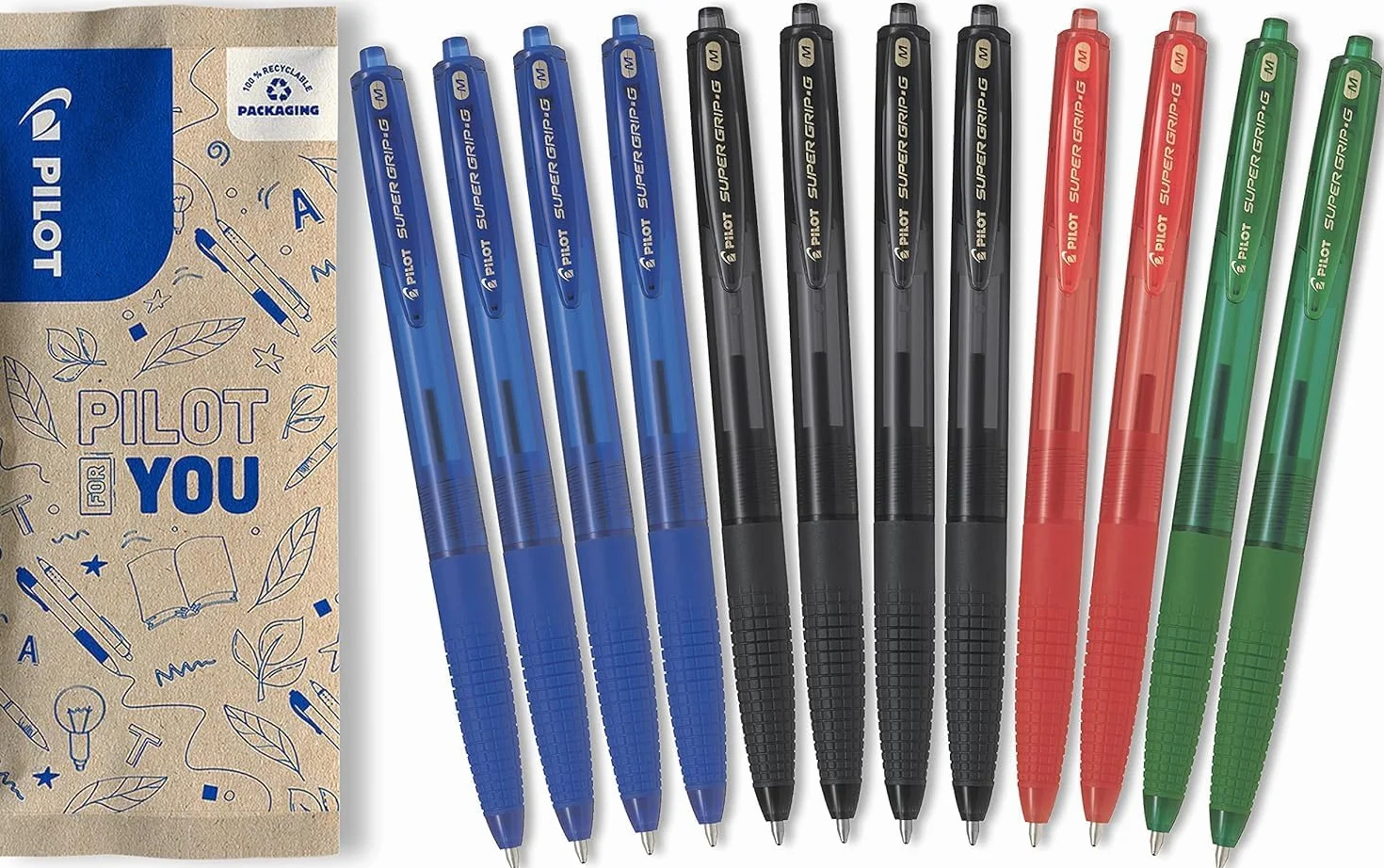 PILOT Set di 12 Penne a sfera Super Grip G Ricaricabile a scatto Punta Media Blu Nero Rosso Verde