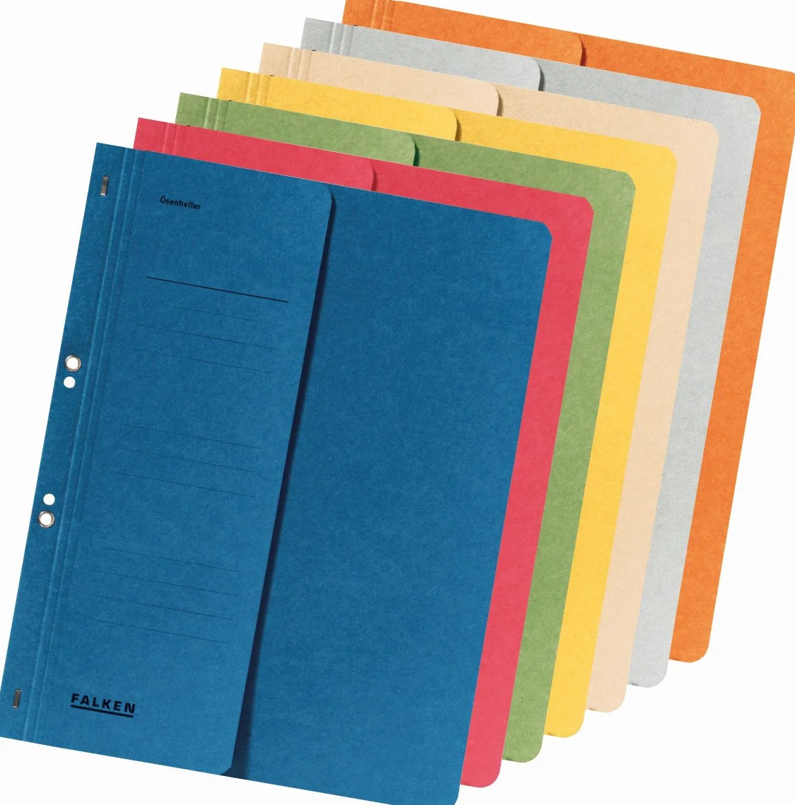 Falken, confezione da 50 raccoglitori con fori, originali Prodotti in Germania. Raccoglitori in cartone riciclato certificato Blauer Engel, con mezza copertina anteriore e rilegatura commerciale per DIN A4, blu